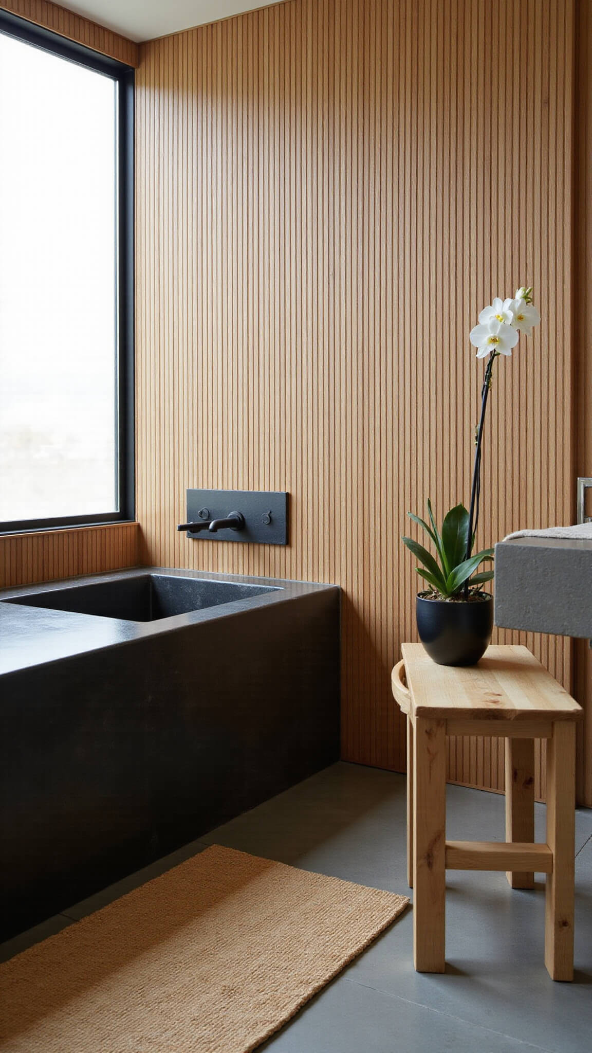 Zen-inspired 5x7ft bathroom with cedar slat wall, black stone soaking tub, floating concrete vanity, and rice paper-covered window filtering soft light.