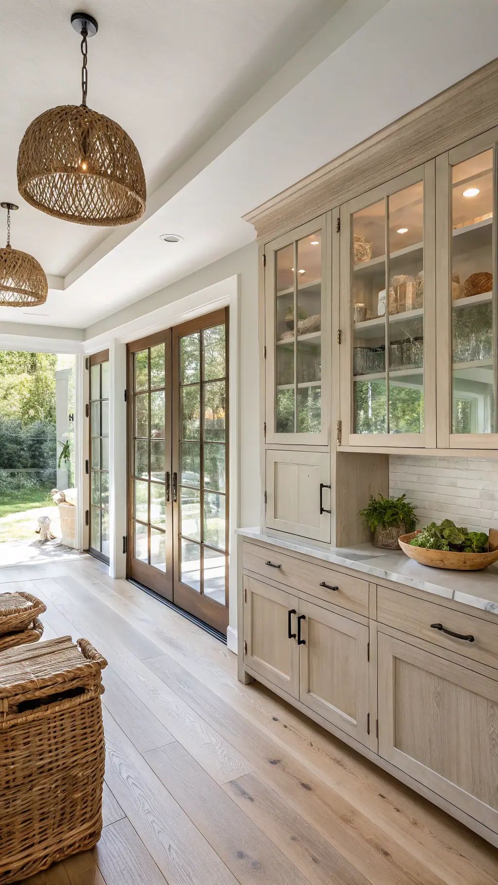 Modern farmhouse kitchen with white oak cabinets, seeded glass fronts, handblown glass pendants, and garden view framed by window.