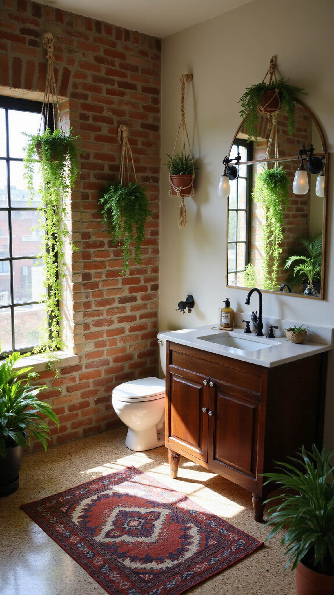 Bohemian-style bathroom with exposed brick wall, hanging plants, terrazzo floor, dark teak vanity, Moroccan lantern, and vintage kilim mat in natural light.