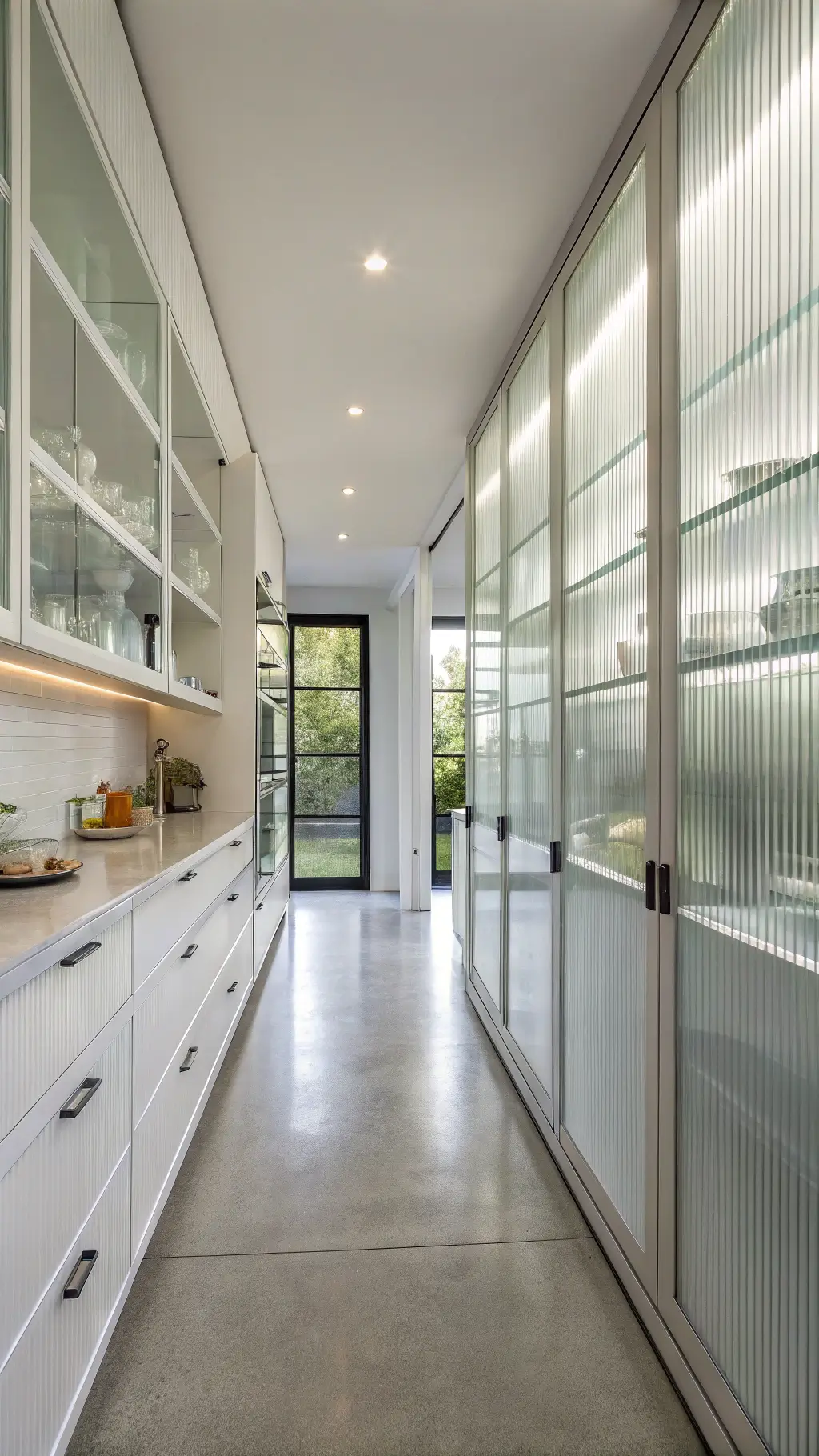 Minimalist galley kitchen with ribbed glass cabinets, polished concrete floors, and monochromatic white ceramics in symmetrical midday lighting.