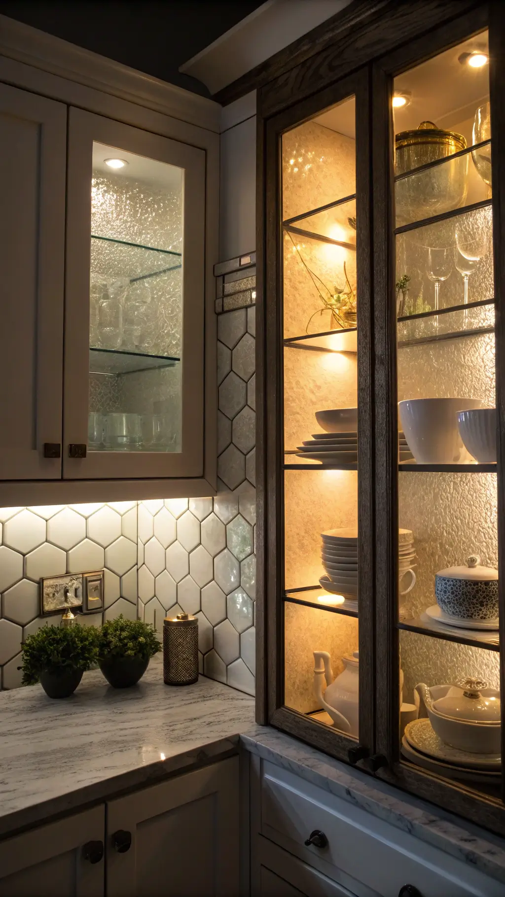 Backlit kitchen corner cabinet with textured rain glass, glowing warm LED light casting dramatic shadows over staged white ceramics and metallic accents.