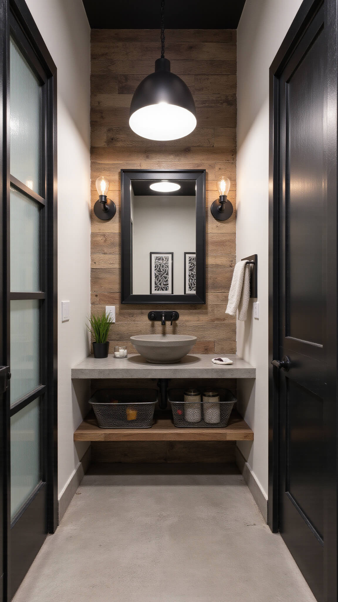 Modern industrial powder room with concrete floors, floating concrete sink, black fixtures, steel-framed mirror, reclaimed wood accent wall, and dramatic Edison lighting.