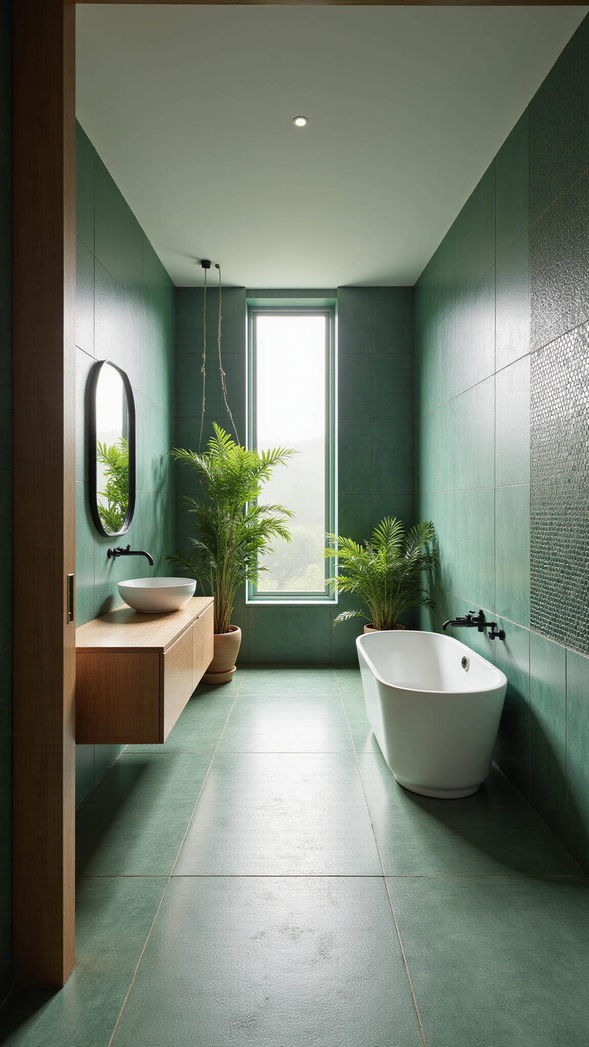 Spacious sunlit bathroom with emerald green porcelain tile walls, teak floating vanity, white soaking tub, green hex tile accent wall, matte black fixtures, and lush indoor plants.