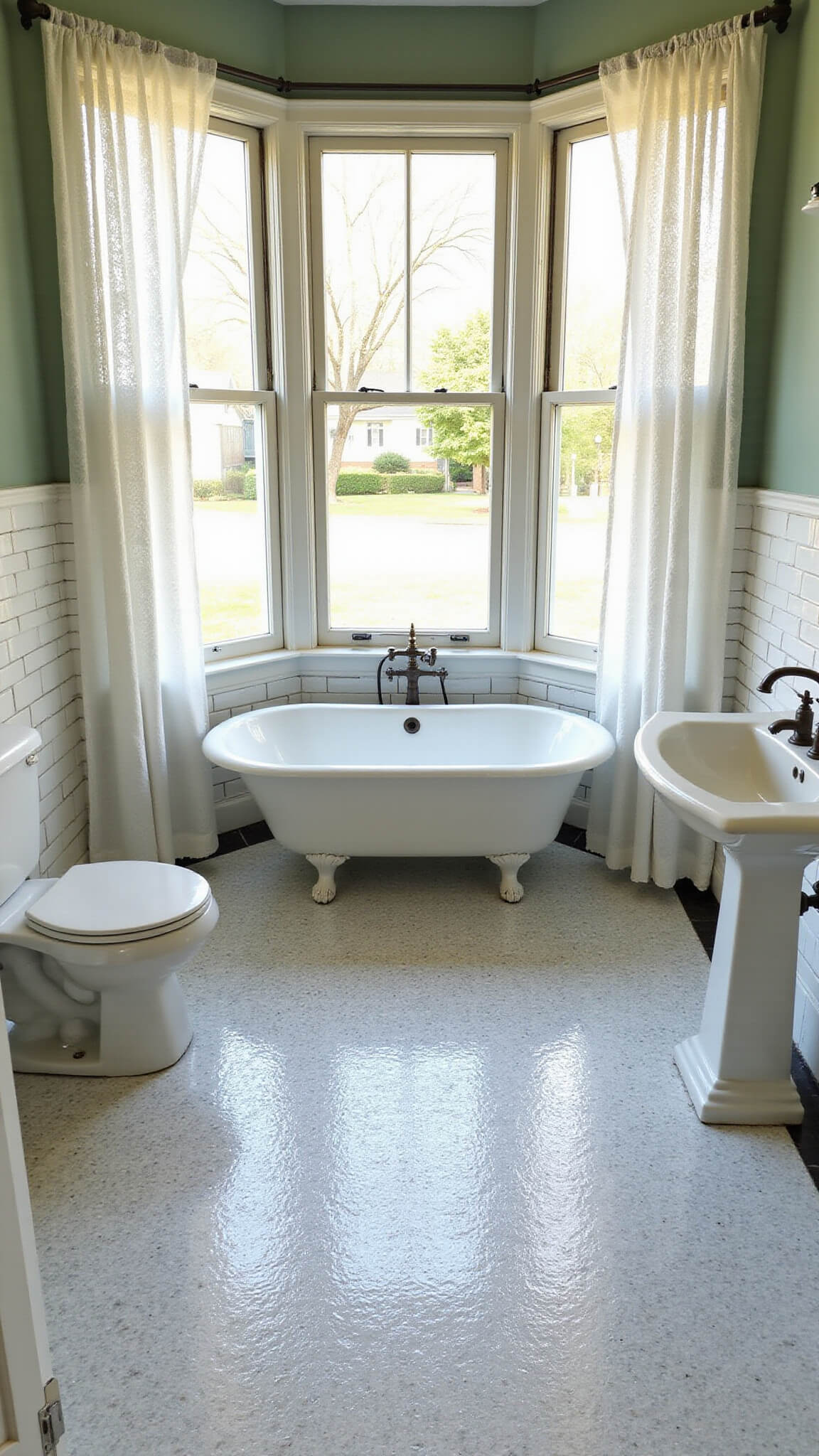 Vintage-style 10x12ft bathroom with white penny round tile floor, subway-tiled walls, sage green paint, clawfoot tub, pedestal sink, and oil-rubbed bronze fixtures.