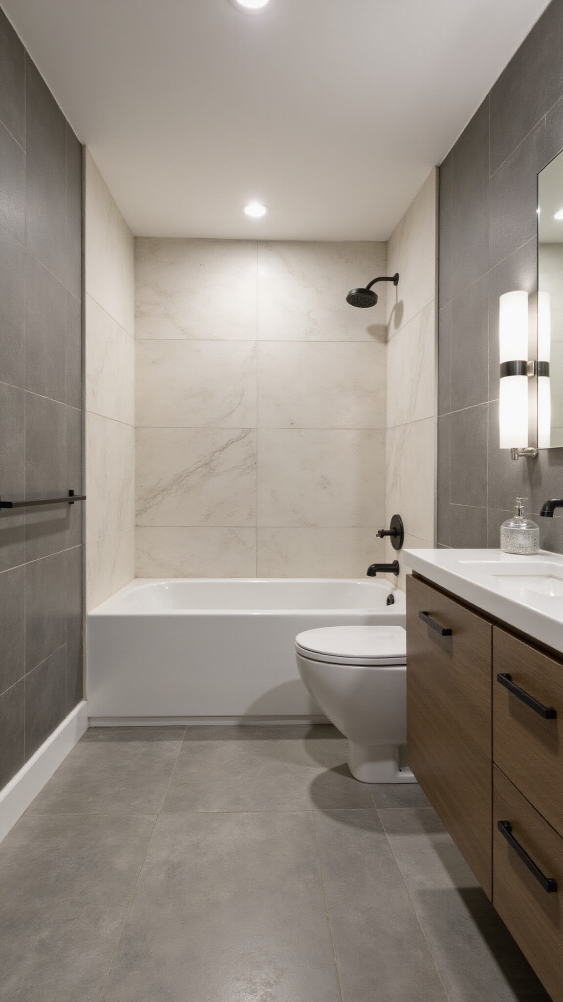 Modern 9x11ft bathroom with warm grey concrete-look tiles and cream marble-look vinyl walls, floating weathered oak vanity, and recessed LED lighting, viewed from above corner angle.
