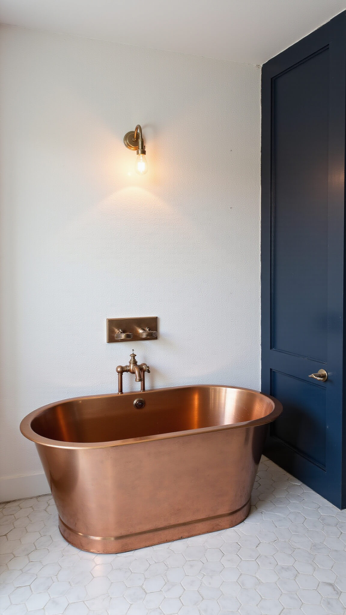 Cozy 8x8ft winter bathroom with heated Carrara marble hex tile floor, copper soaking tub, textured white ceramic walls, navy accent wall, and dimmable sconces.