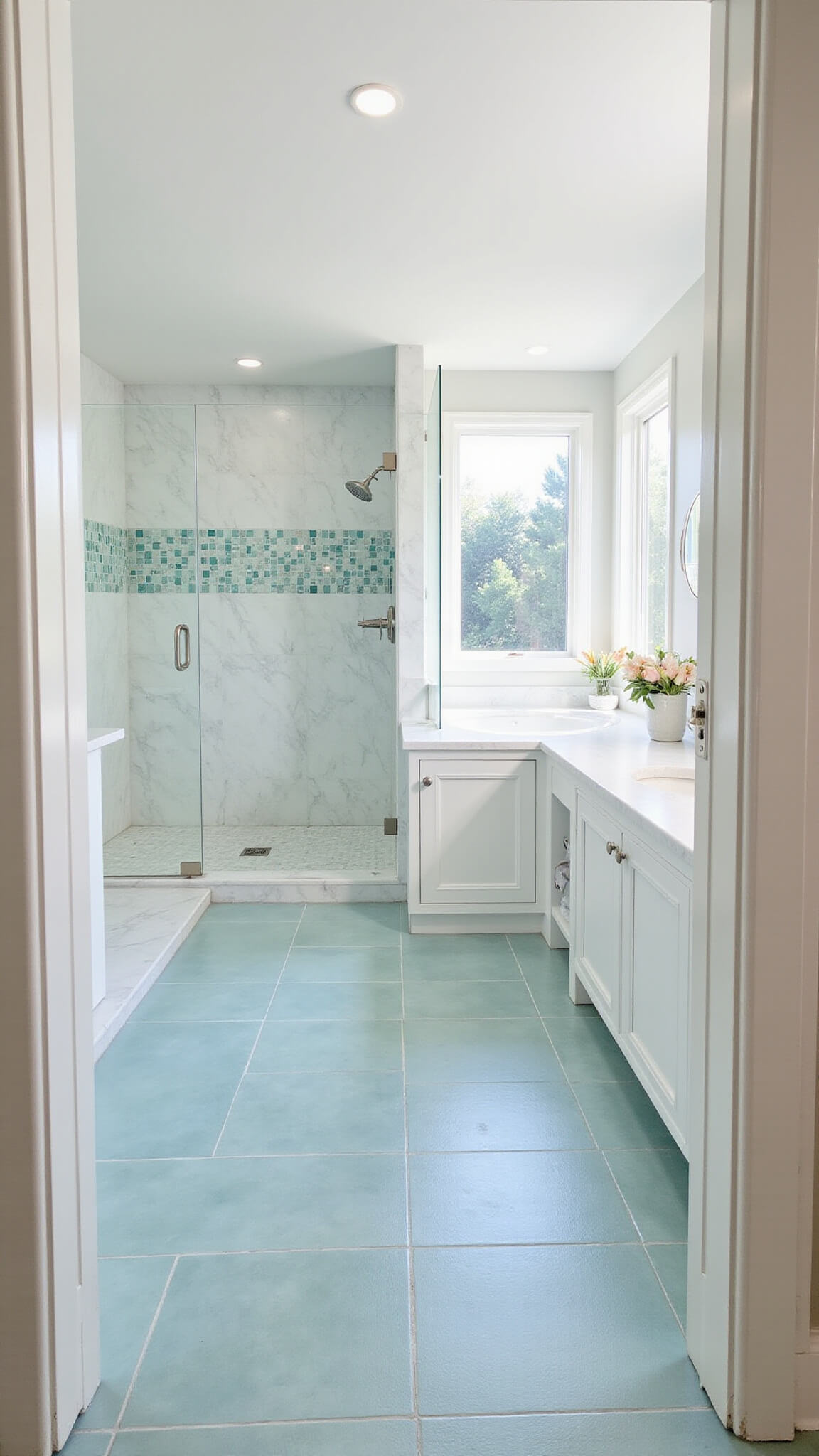 Bright summer-themed 10x14ft bathroom with pale blue ceramic floor tiles, white marble-look walls, aqua and pearl mosaic accent, chrome fixtures, and frameless glass shower.