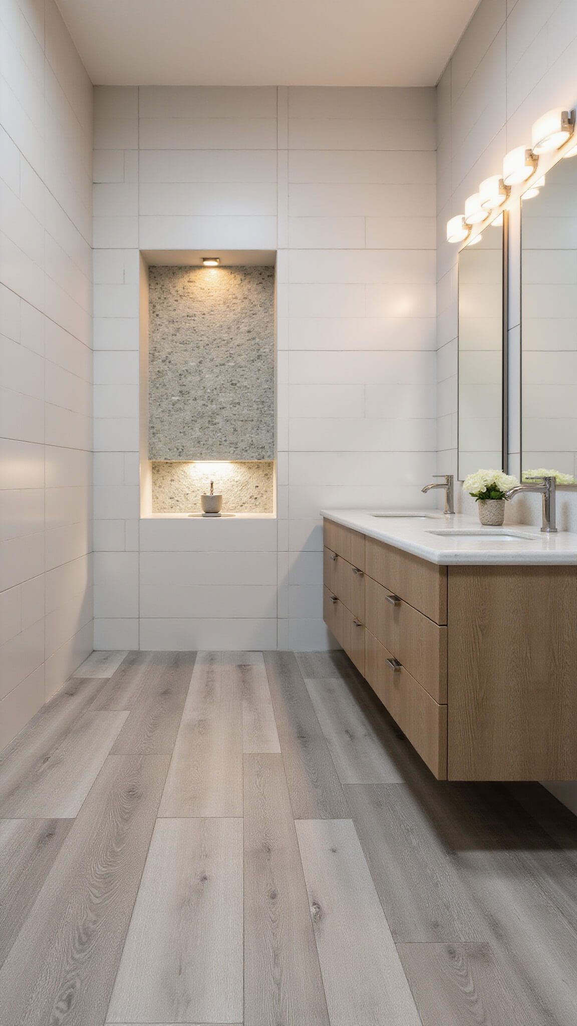 Modern 11x13ft bathroom with weathered grey porcelain wood-look floor tiles, textured white limestone-look wall tiles, lit glass mosaic niche, and floating cerused oak double vanity with quartz countertop at golden hour.