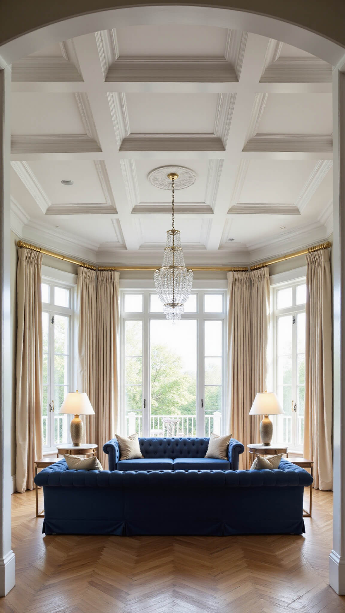 Formal living room with 12-foot coffered ceilings, navy velvet sectional, brass and marble accents, crystal chandelier, and sunlight casting shadows through tall windows onto herringbone hardwood floors.