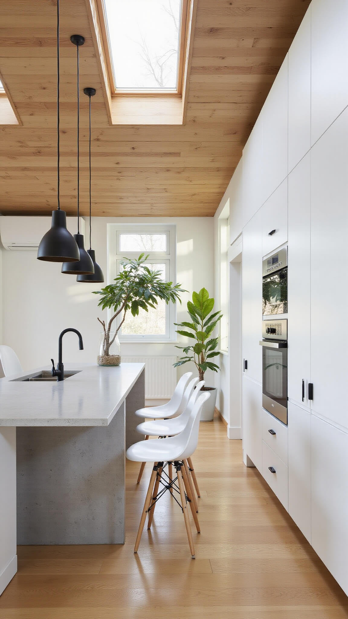 Modern Scandinavian kitchen with bleached oak wood ceiling, matte white cabinets, concrete island, and skylights filling space with natural morning light.
