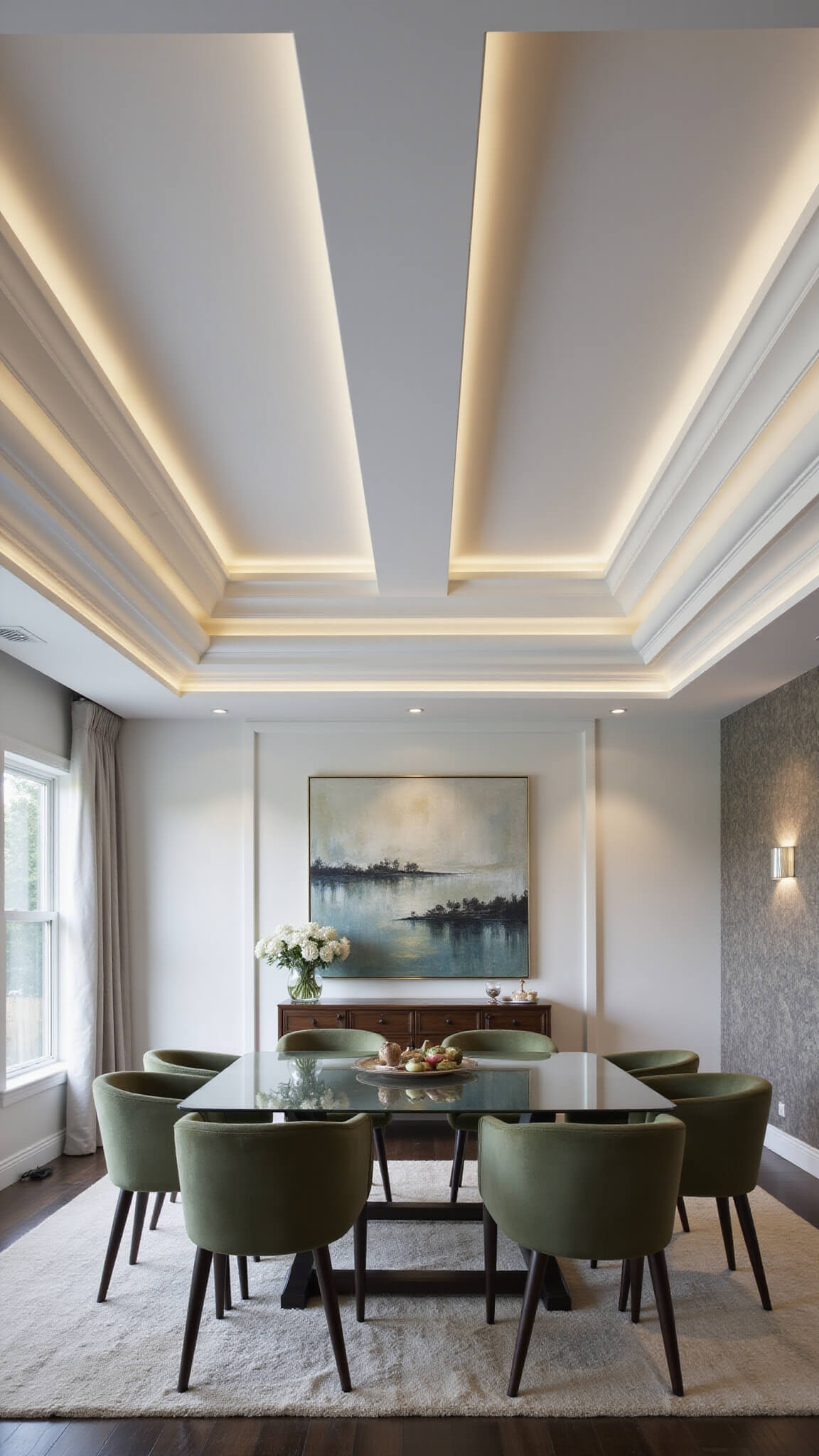 Contemporary dining room with multi-level tray ceiling, LED cove lighting, glass table, sage green velvet chairs, abstract art, and metallic accent wall.