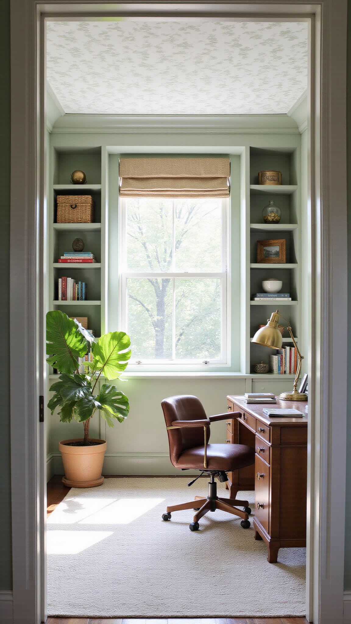 Compact home office with cloud-patterned ceiling wallpaper, sage green bookshelves, vintage leather chair, and fiddle leaf fig in corner.