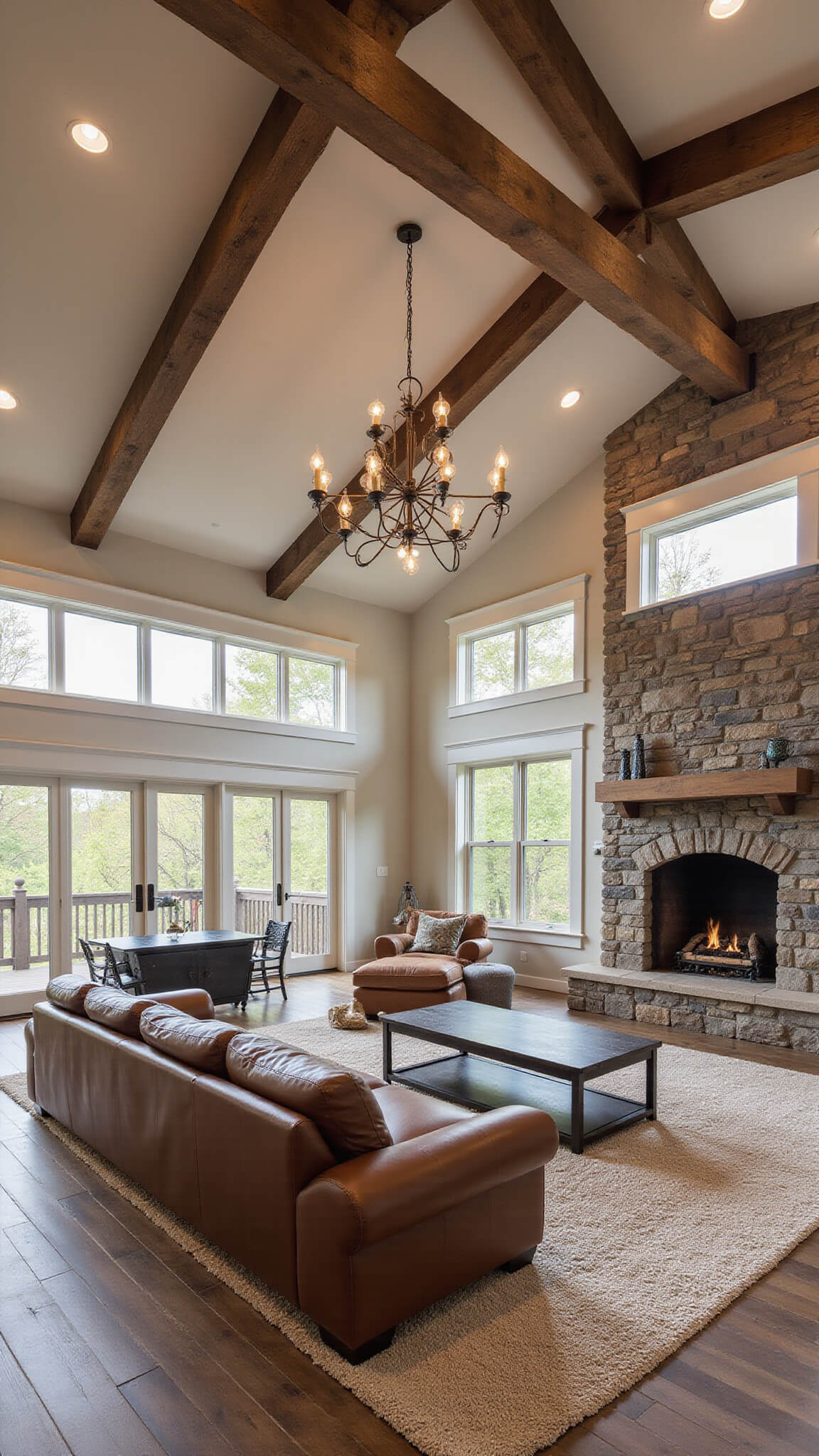 Expansive rustic great room with exposed reclaimed wood beams, stone fireplace, leather sectional, and layered rugs, viewed from mezzanine in natural afternoon light.