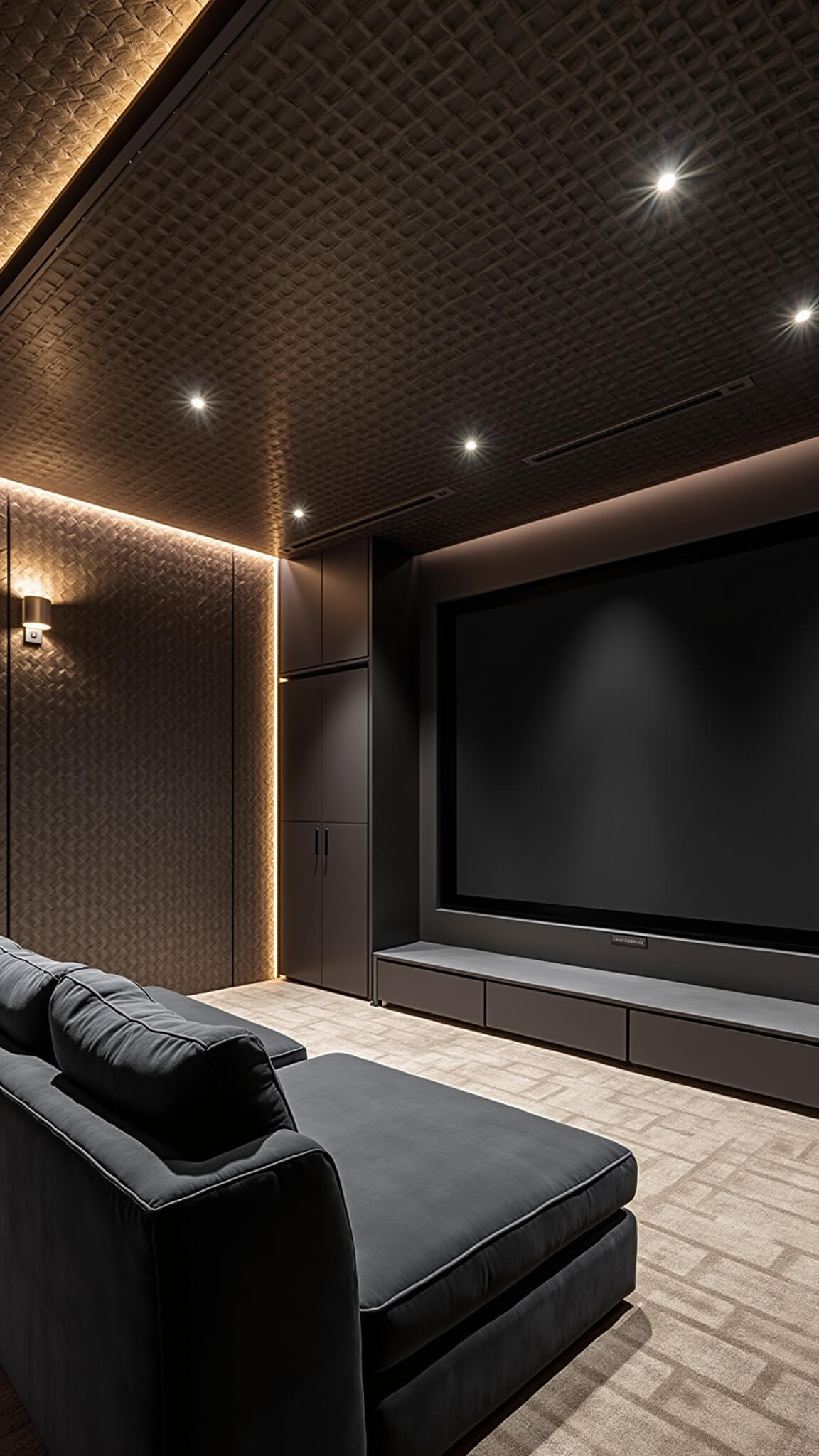 Modern 18x20ft media room with geometric metallic ceiling tiles, ambient LED lighting, charcoal velvet sectional, and integrated technology.