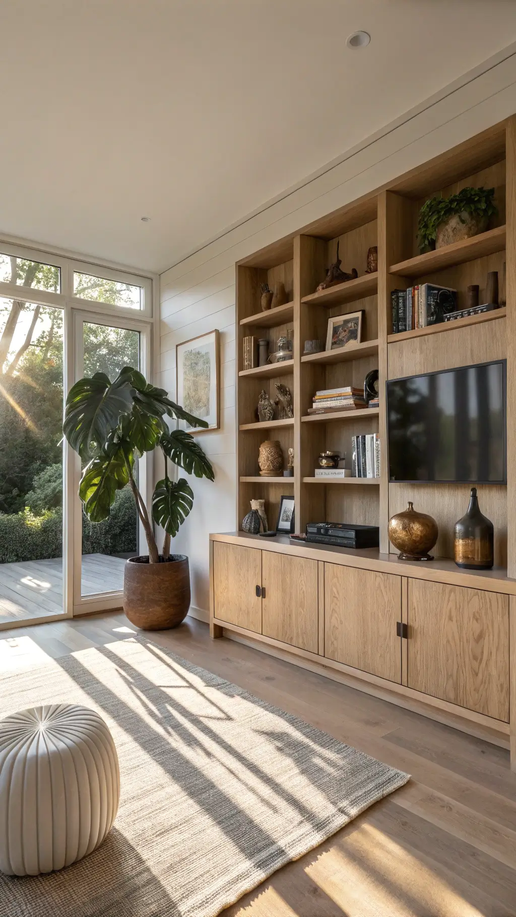 Contemporary sunlit living room with white oak built-in cabinet, artistic decor, and golden hour shadows across neutral-toned textures.
