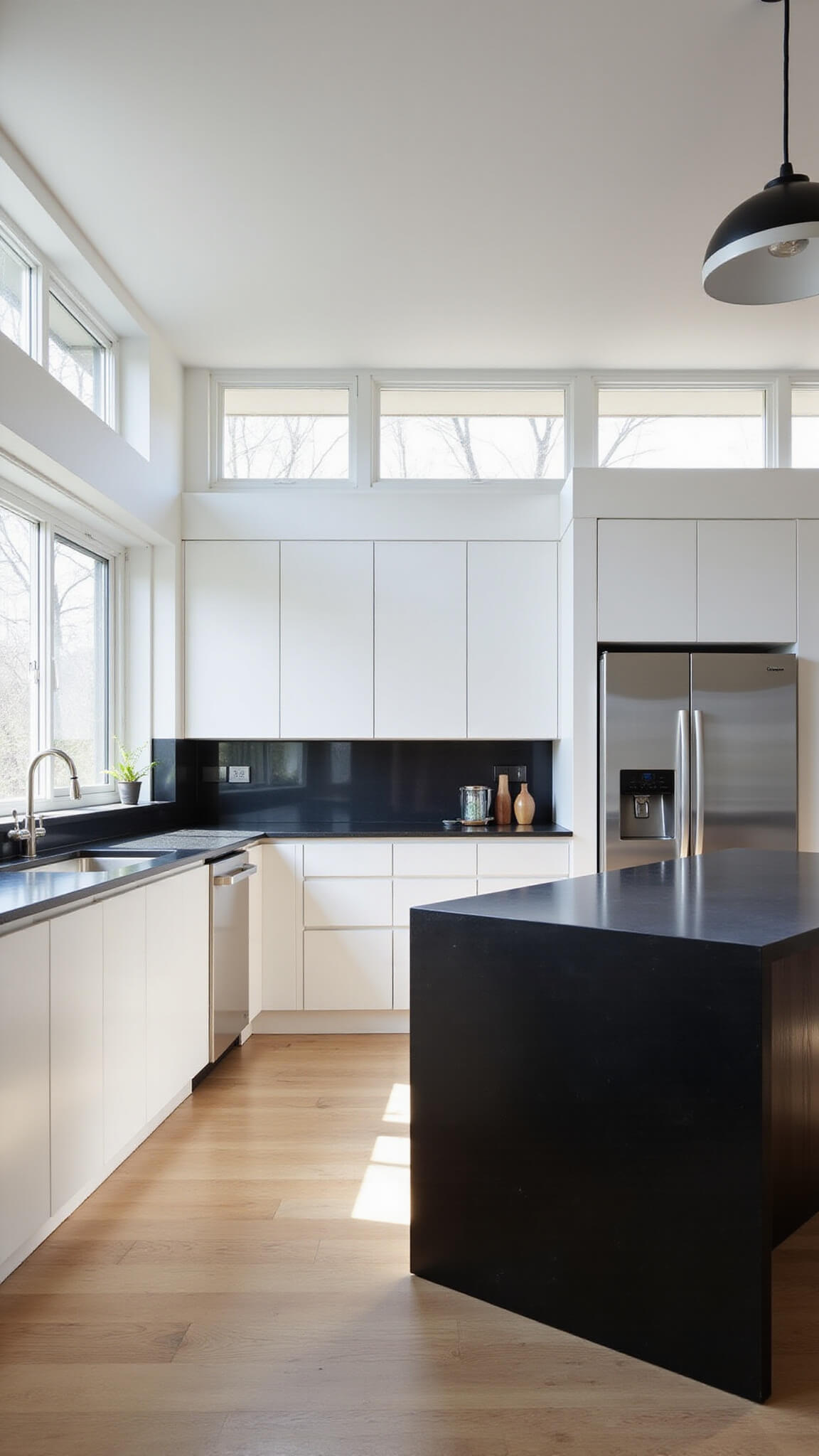 Minimalist 12x15ft kitchen with white flat-panel cabinets, black quartz waterfall island, floor-to-ceiling windows, and white oak flooring, bathed in morning light.