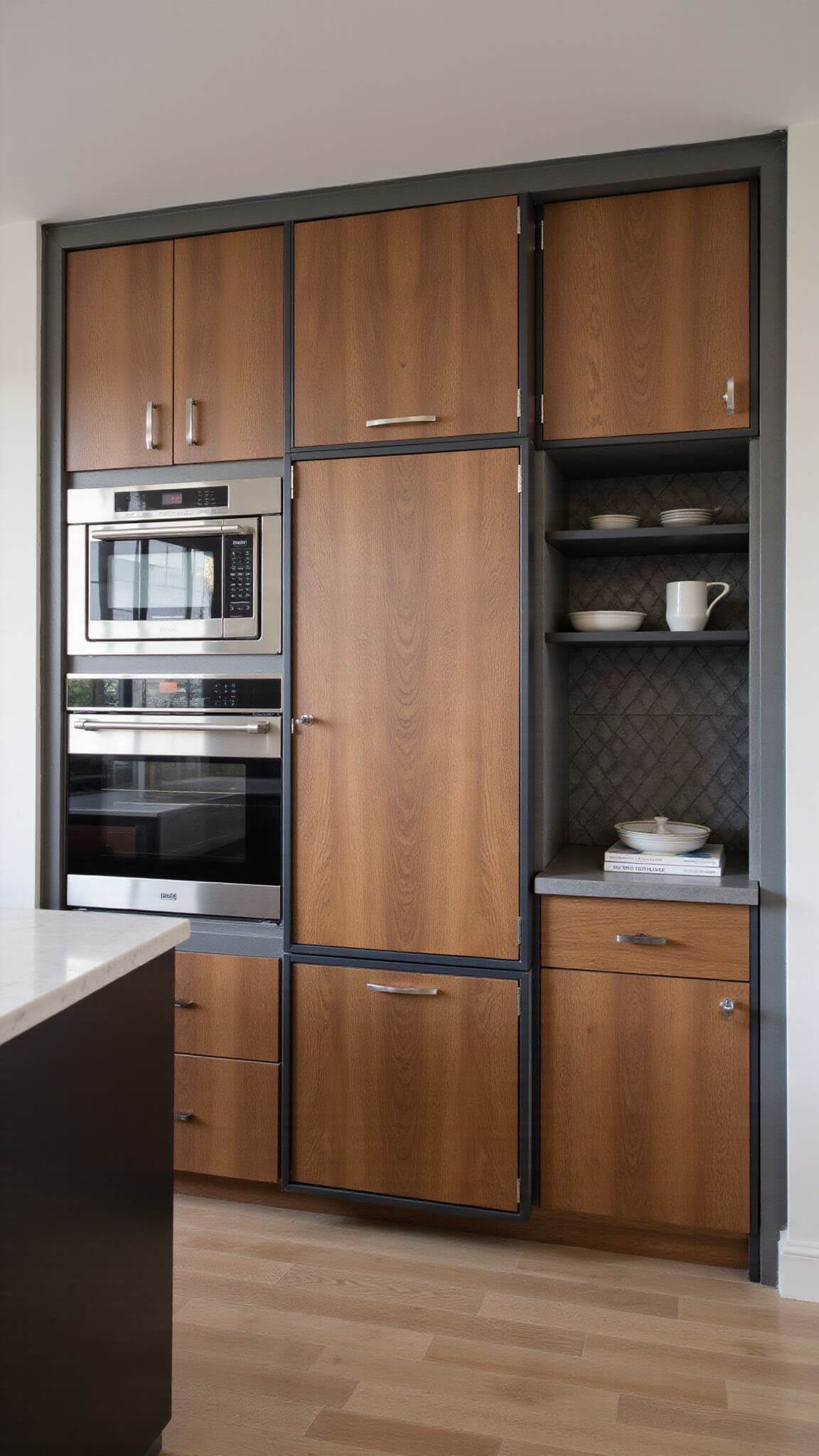 Urban kitchen with brushed steel pantry towers, geometric tile backsplash, walnut appliance garage, and blackened steel shelves at sunset.