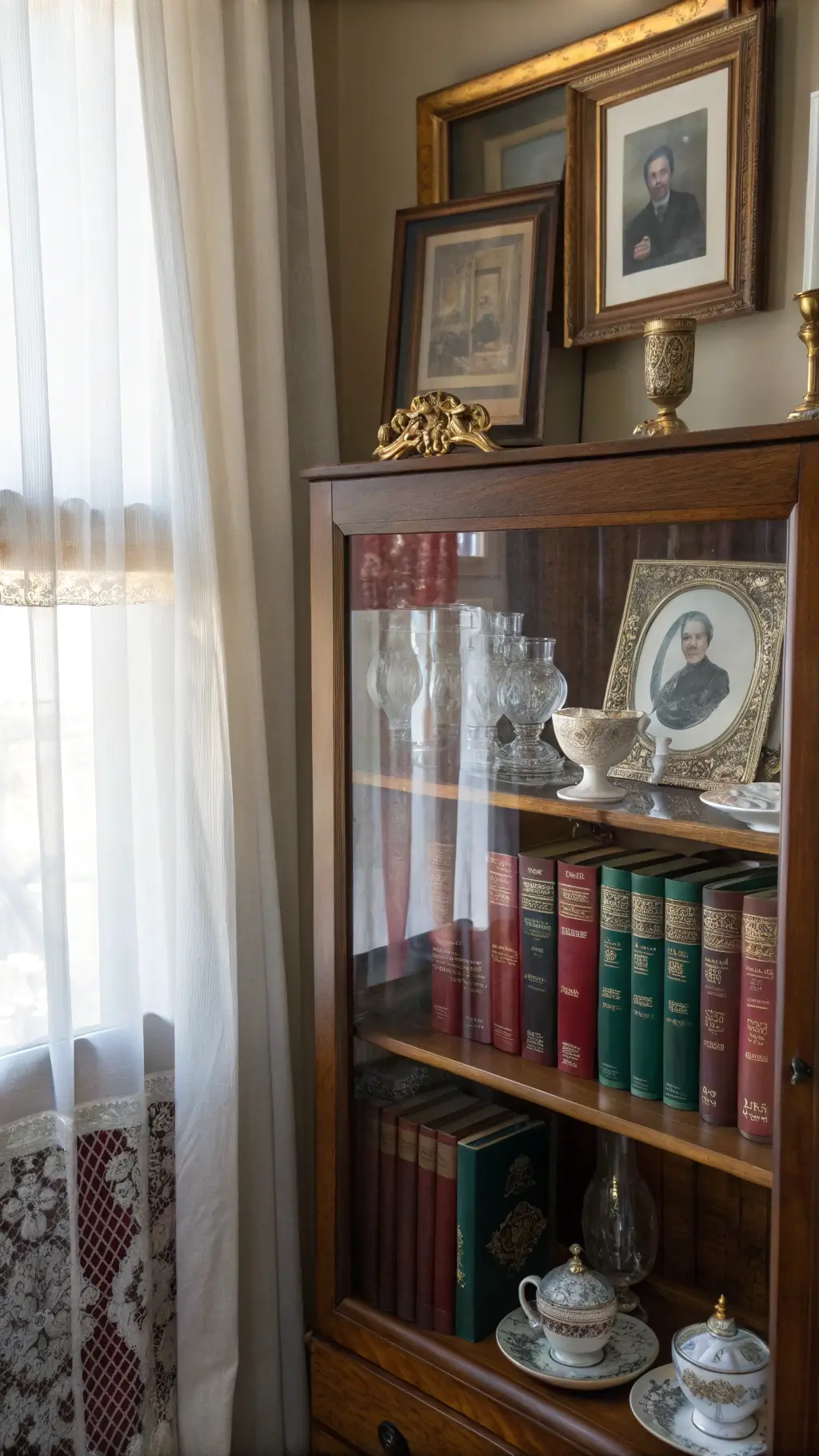 Victorian-style cabinet vignette with vintage photos, porcelain teacups, and crystal decanters in warm morning light.