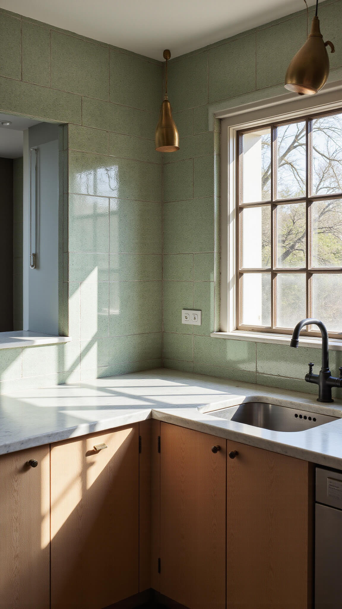 Corner kitchen with honed marble counters, bleached oak cabinets, sage green zellige tiles, and aged brass pendant lights, bathed in afternoon light from steel-framed windows.
