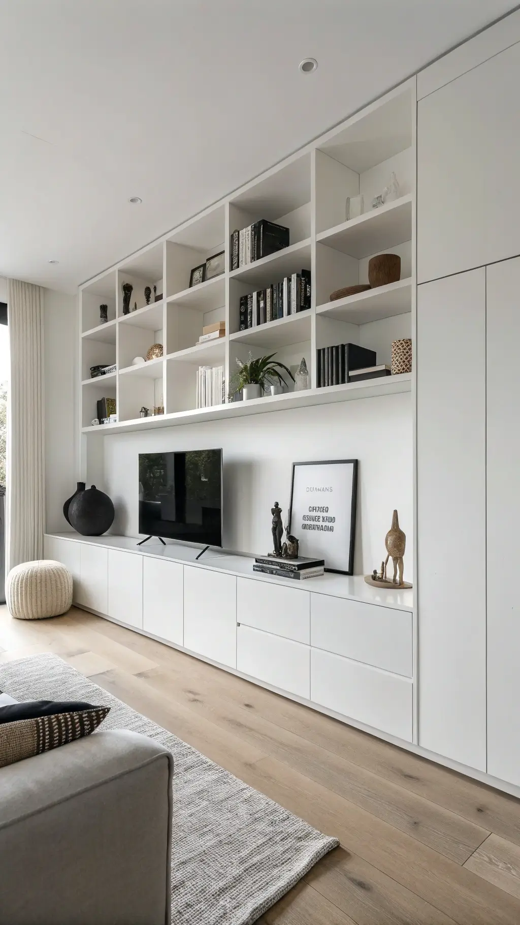 Minimalist Scandinavian living room with matte white floating cabinets, styled shelves, and monochromatic decor in white, gray, and linen tones.
