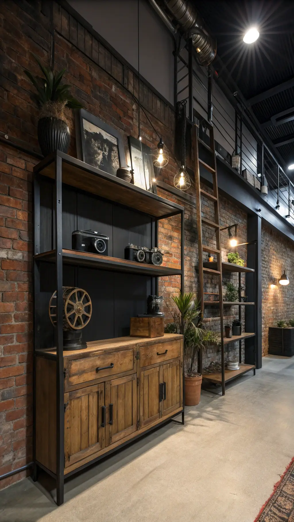 Modern industrial loft with exposed brick wall, floating shelves displaying vintage cameras and sculptures, blackened steel and reclaimed wood cabinets, dramatic evening lighting, and indoor plants adding contrast.