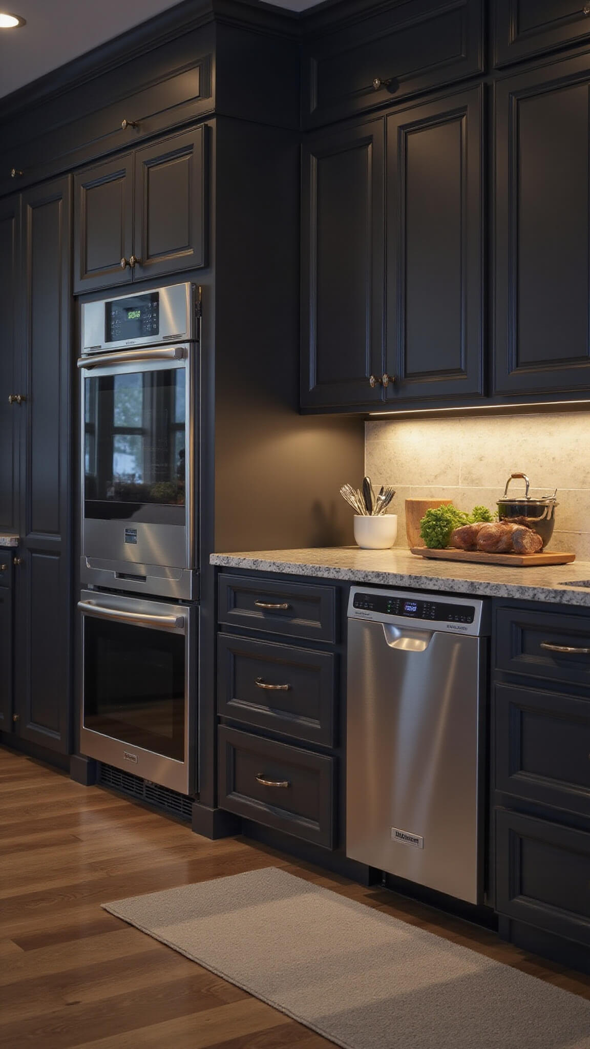 Twilight kitchen with integrated appliances, panel-ready fridge and dishwasher blend into charcoal cabinets, soft glow from smart oven and LED under-cabinet lighting.