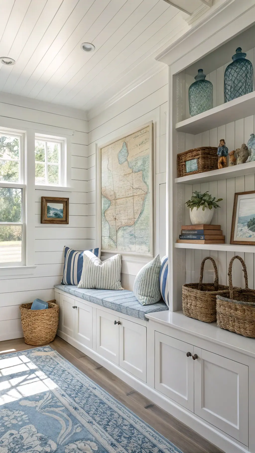 Coastal family room with white shiplap walls, built-in window seat cabinets, and decor in ocean blues, whites, and sandy beiges.