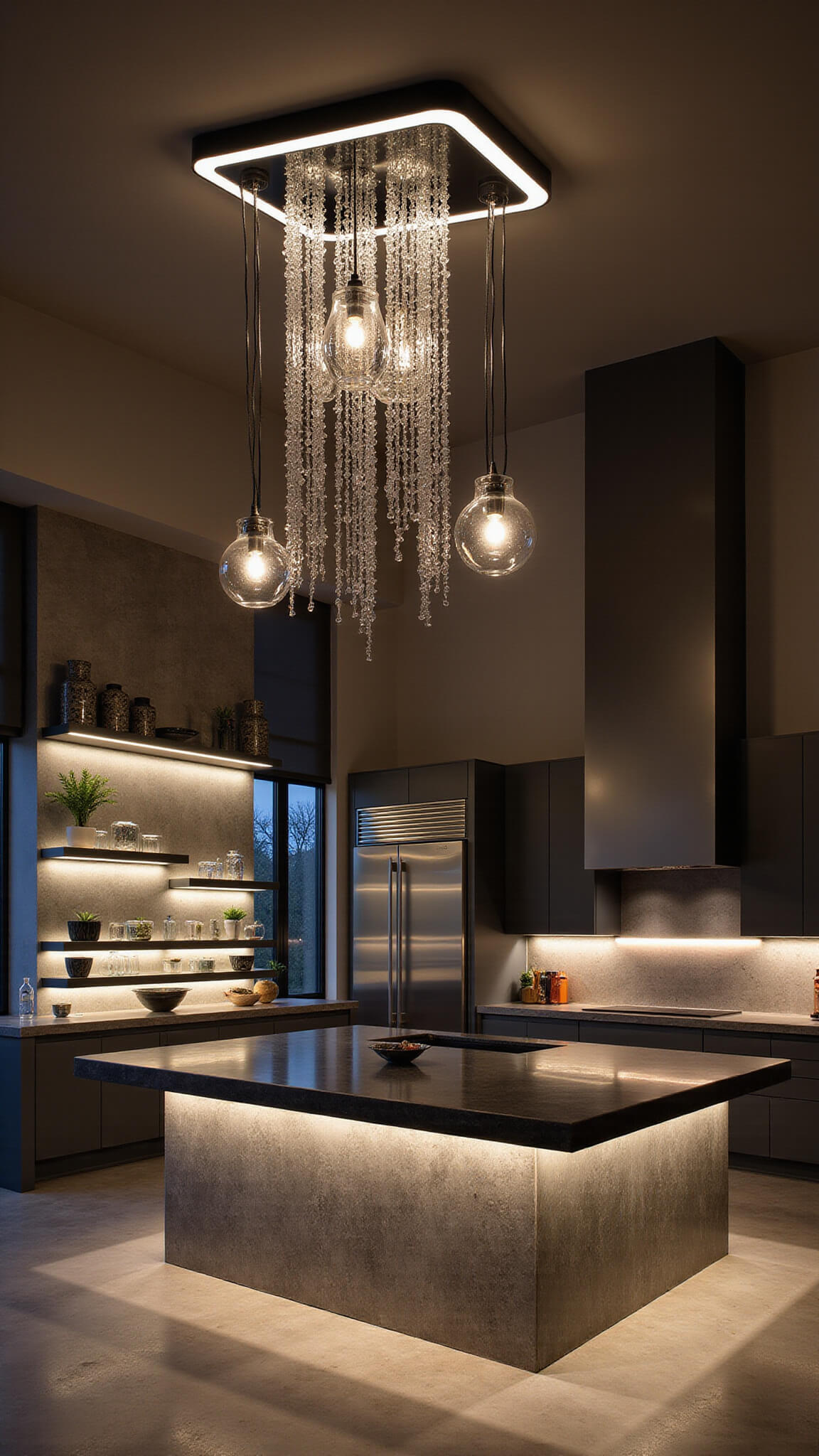 Dramatic modern kitchen with sculptural lighting, floating LED bars over quartzite counters, cascading glass pendants above island, backlit open shelves, and dark matte cabinets.