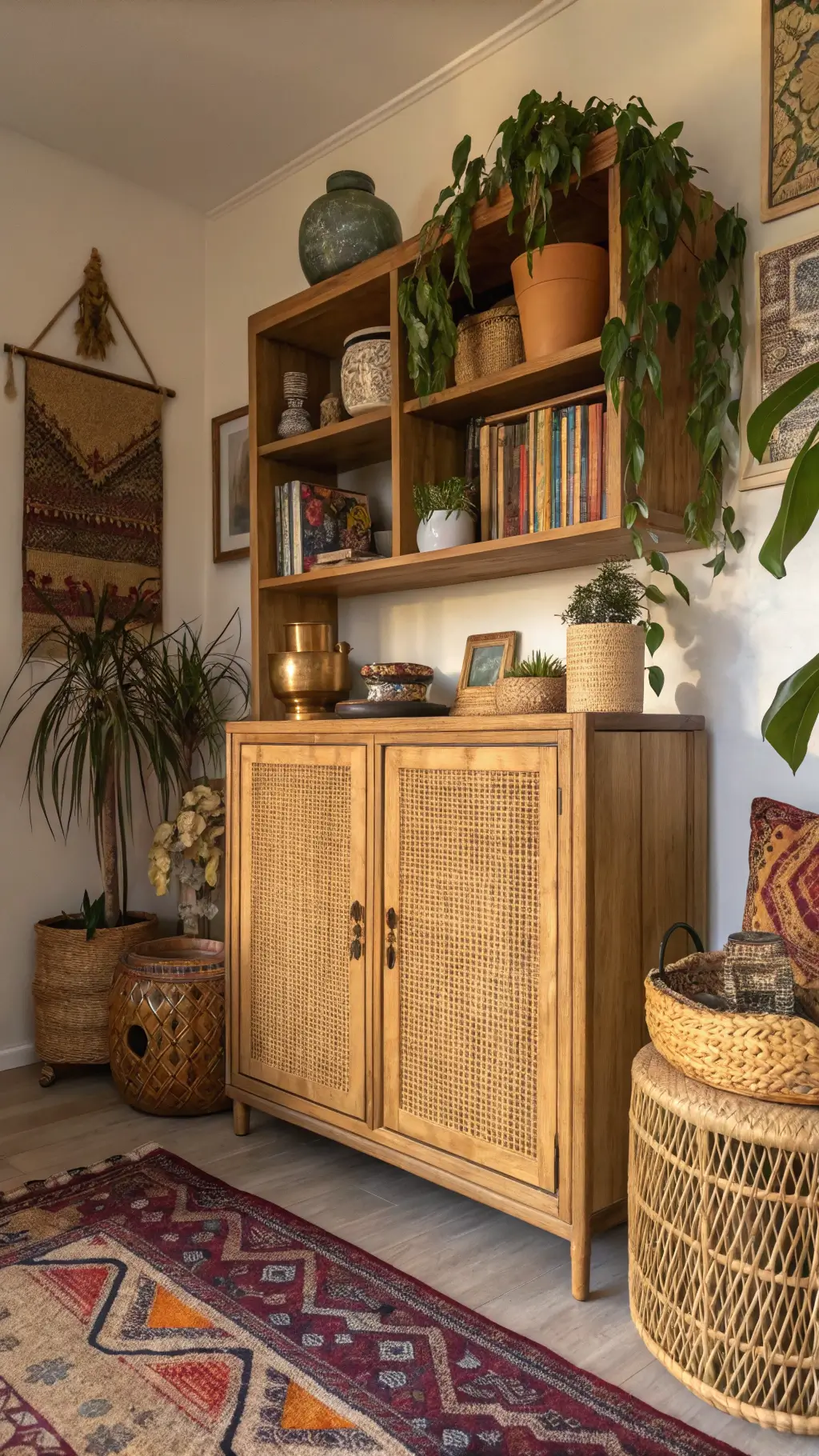 Bohemian-eclectic living room with rattan cabinets, open shelving, trailing plants, and global decor in warm golden hour lighting.