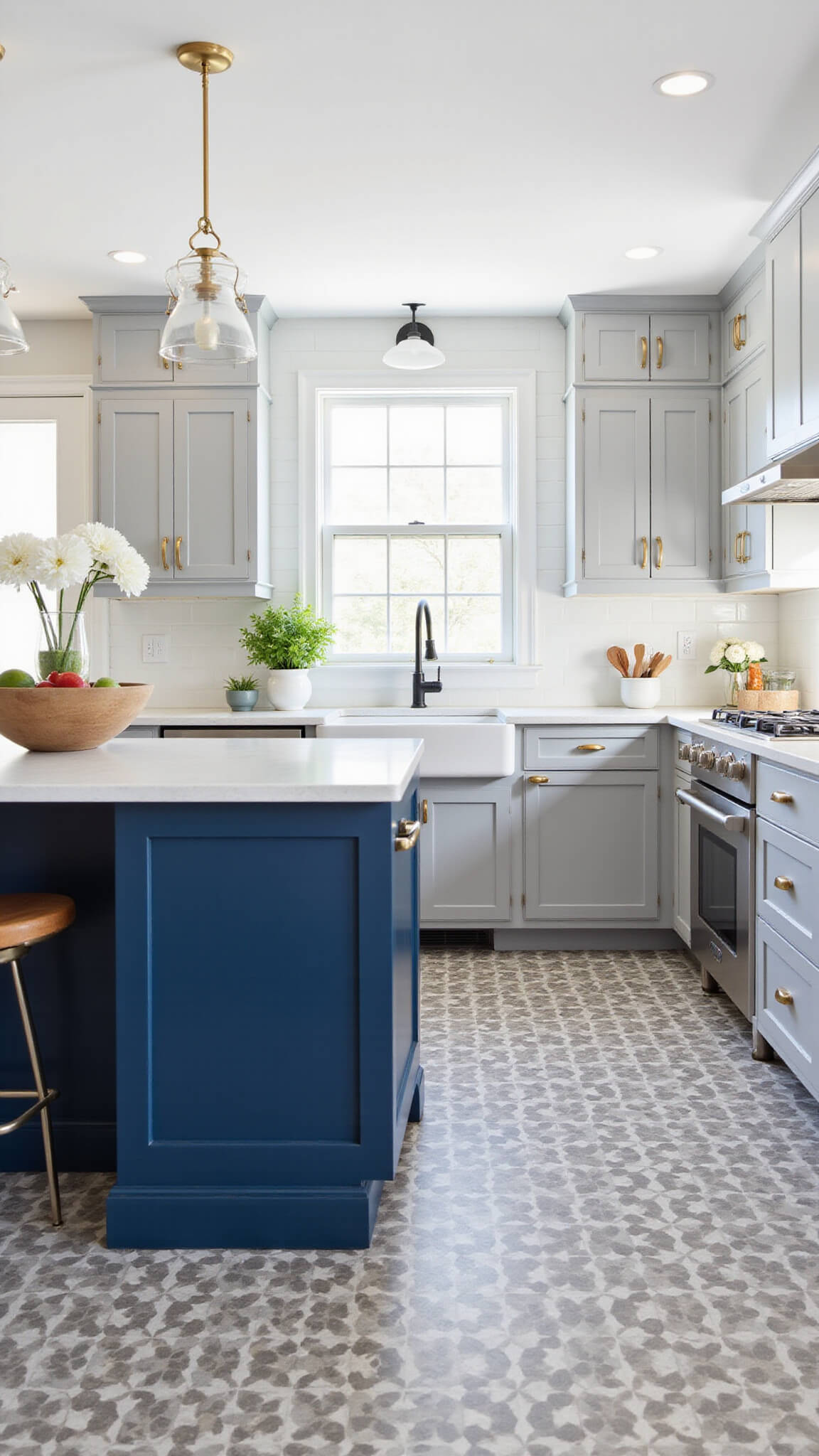 Modern 12x14ft kitchen with dove gray cabinets, navy blue island, brushed gold hardware, white uppers, geometric tile floor, and soft natural lighting.