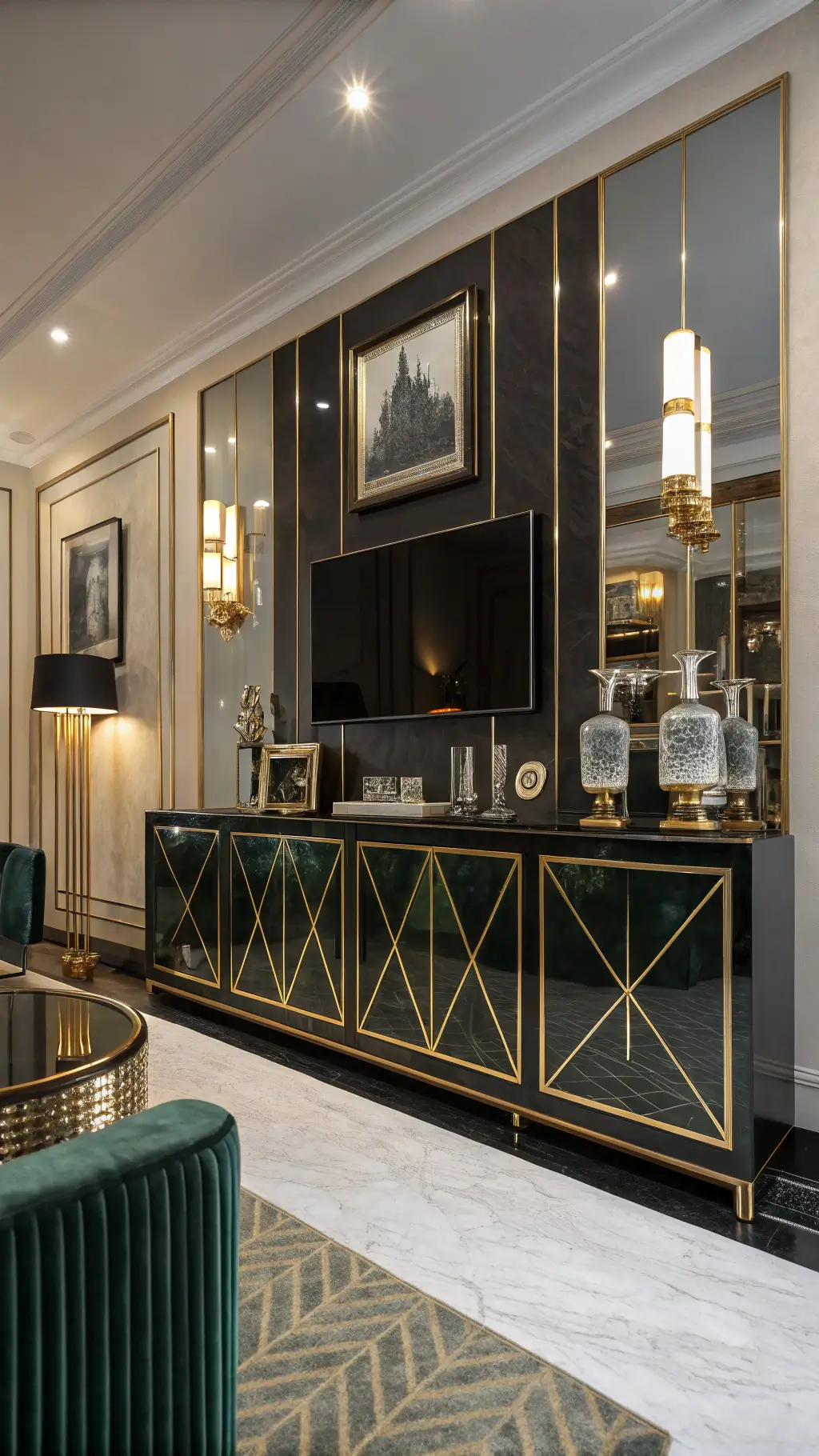 Art Deco formal living room with high-gloss deep green lacquer cabinets, picture lights illuminating shelves, geometric mirrors, crystal decanters, modernist sculptures, and black and gold accents in a symmetrical layout.