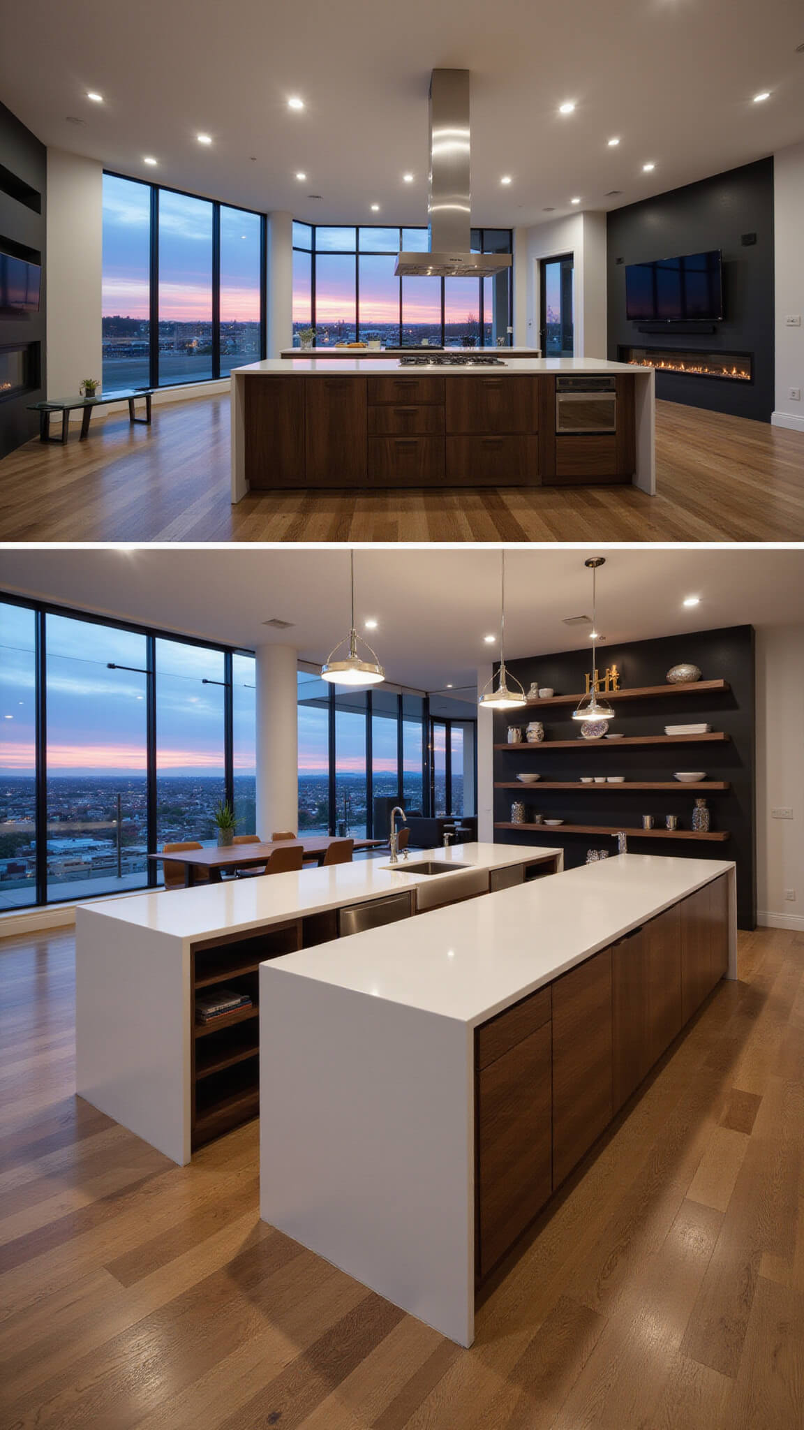 Modern multi-level kitchen with white quartz and walnut island, black accent wall with floating shelves, and city views through floor-to-ceiling windows at dusk.