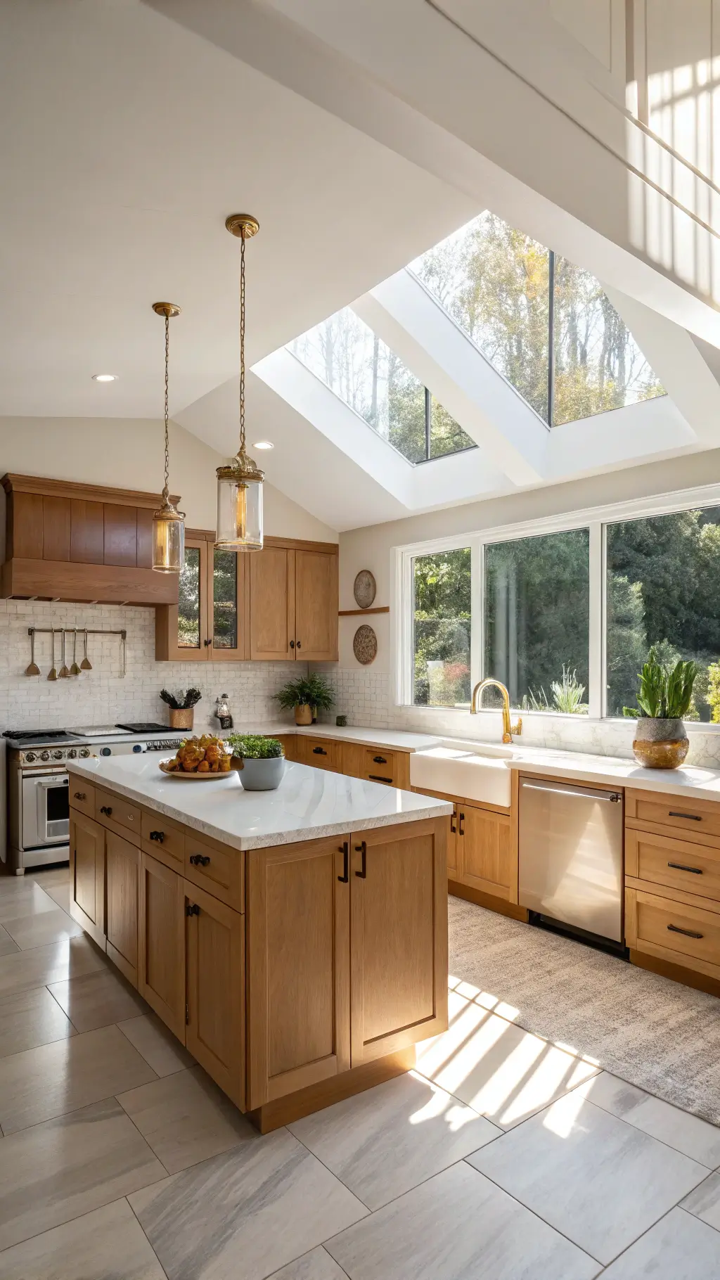Modern honey oak kitchen with vaulted ceilings, marble countertops, and morning sunlight streaming through floor-to-ceiling windows; features L-shaped layout, brass accents, central island with black bar stools, and fresh herbs on the windowsill.