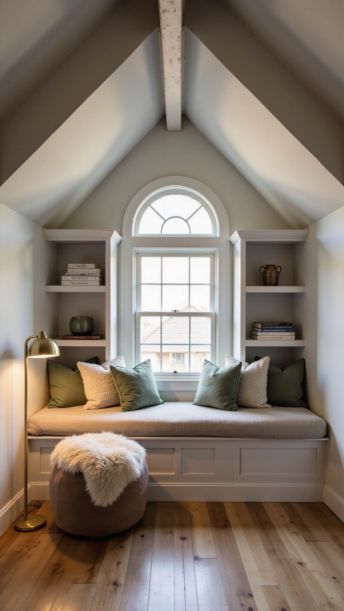 Cozy attic reading nook with white exposed rafters, circular window, built-in cushioned seat, floating shelves with books and pottery, and warm moody lighting.
