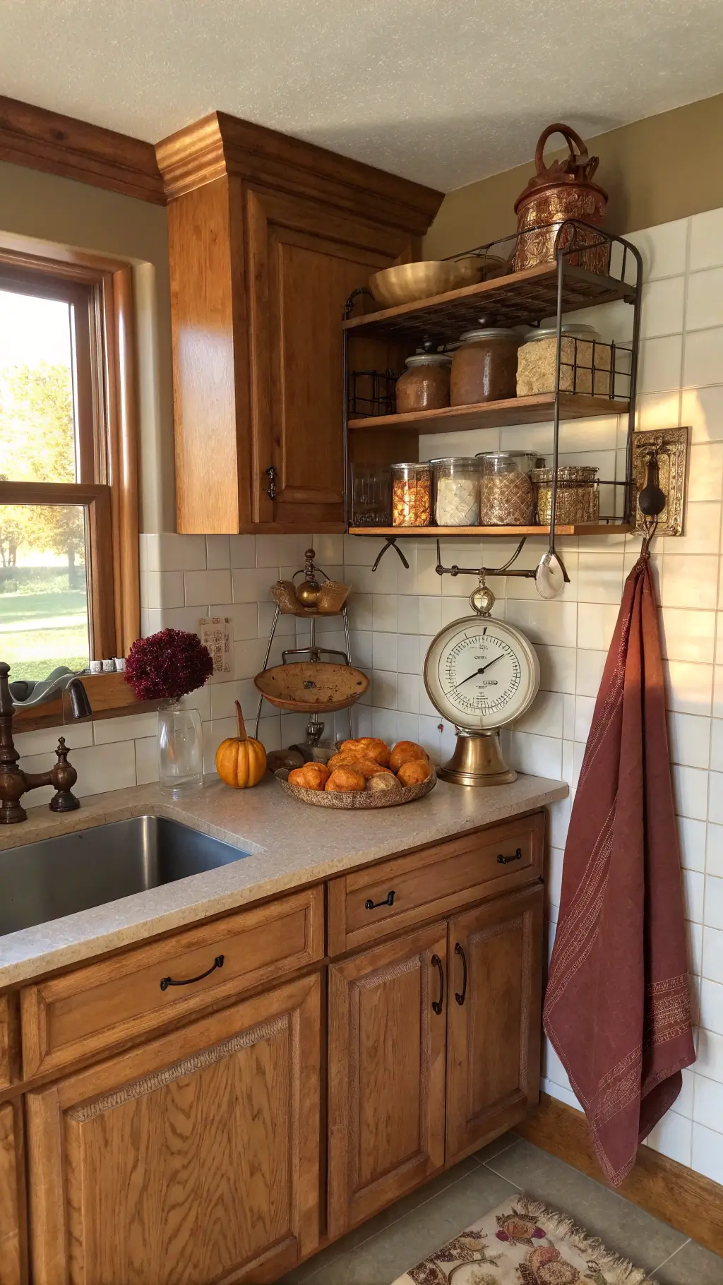 Cozy fall kitchen corner with honey oak cabinets, antique brass scale holding gourds, copper cookware, and autumnal decor in warm natural light.