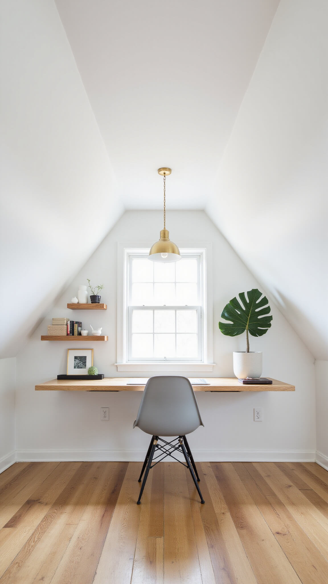Minimalist attic workspace with wall-mounted bleached maple desk, gray Eames-style chair, brass pendant light, floating shelves, and fiddle leaf fig under midday lighting.