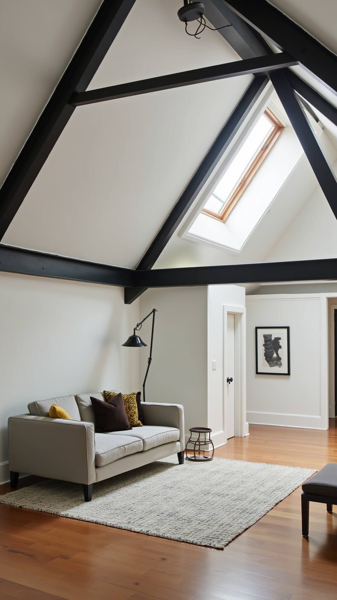 Modern attic lounge with A-frame ceiling, greige sectional under skylight, Moroccan rug, sculptural floor lamp, and minimalist black-framed art, captured with dramatic afternoon shadows.