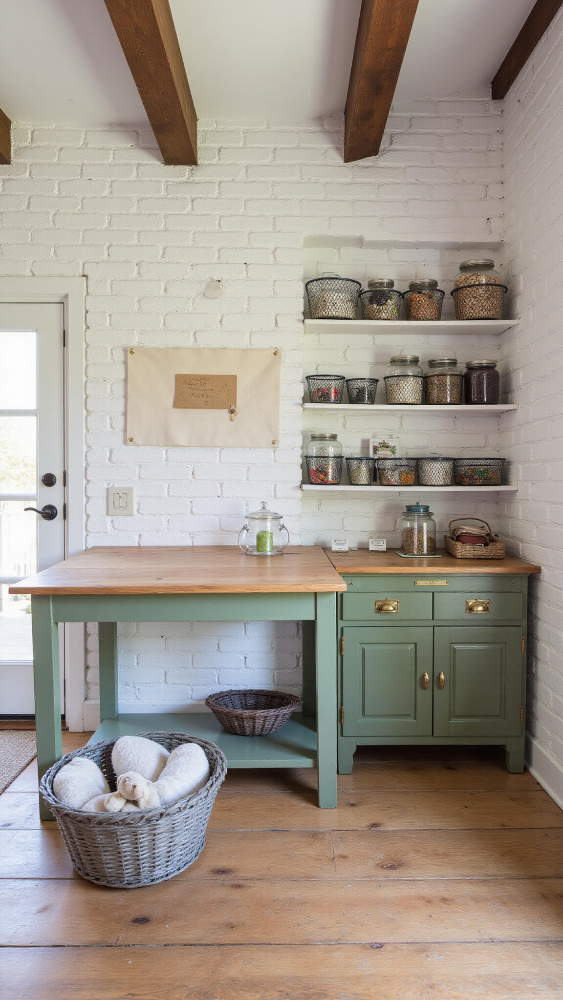 Organized attic craft room with white brick walls, wood beams, sage green built-ins, vintage workbench, and labeled storage jars in morning light.