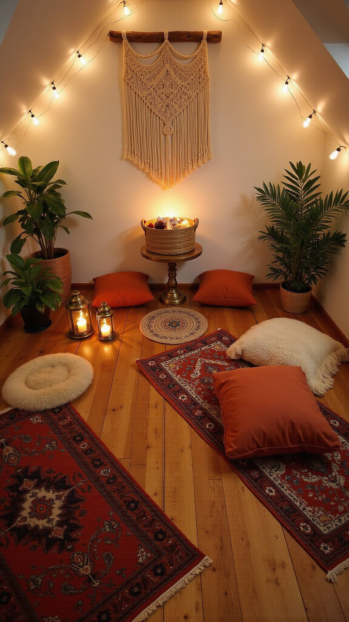 Boho attic meditation space with layered Moroccan rugs, floor cushions in warm tones, brass lanterns, string lights, macramé wall hanging, crystals, and plants at sunset.