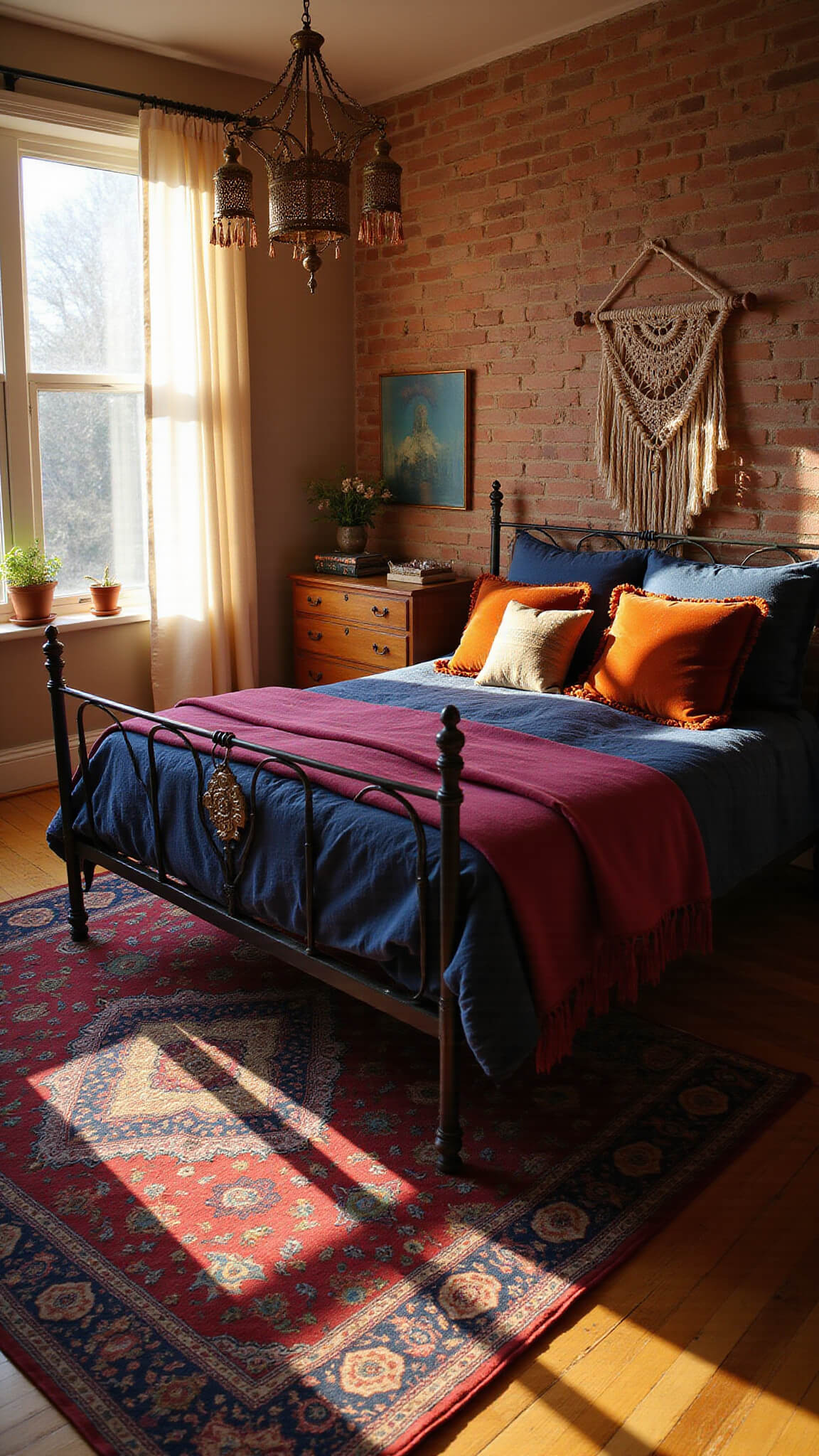 Cozy 14x16ft bedroom with golden hour light, jewel-toned bedding on wrought-iron bed, Moroccan lanterns, Persian rug, vintage teak dresser with crystals and succulents, and macramé on exposed brick wall.
