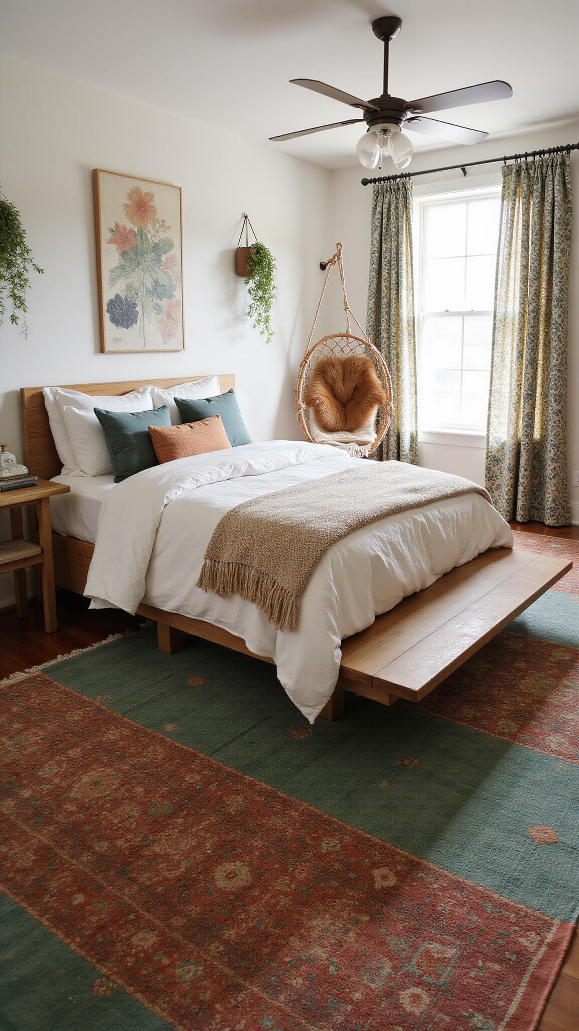 Low-angle view of a cozy boho bedroom with layered Turkish and Persian rugs, a floating platform bed, mismatched nightstands, hanging rattan chair, trailing plants, and soft mid-morning light filtering through embroidered curtains.