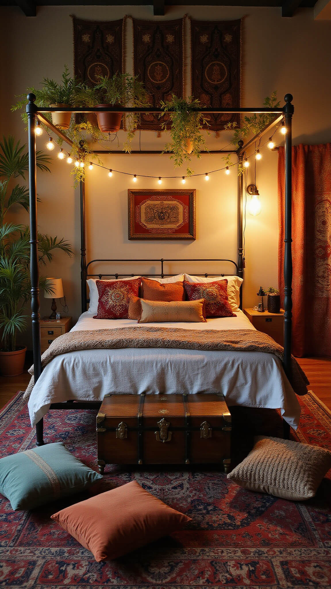 Moody dusk-lit bedroom with ornate canopy bed, velvet floor cushions, vintage trunk table, and warm string lights among hanging plants.