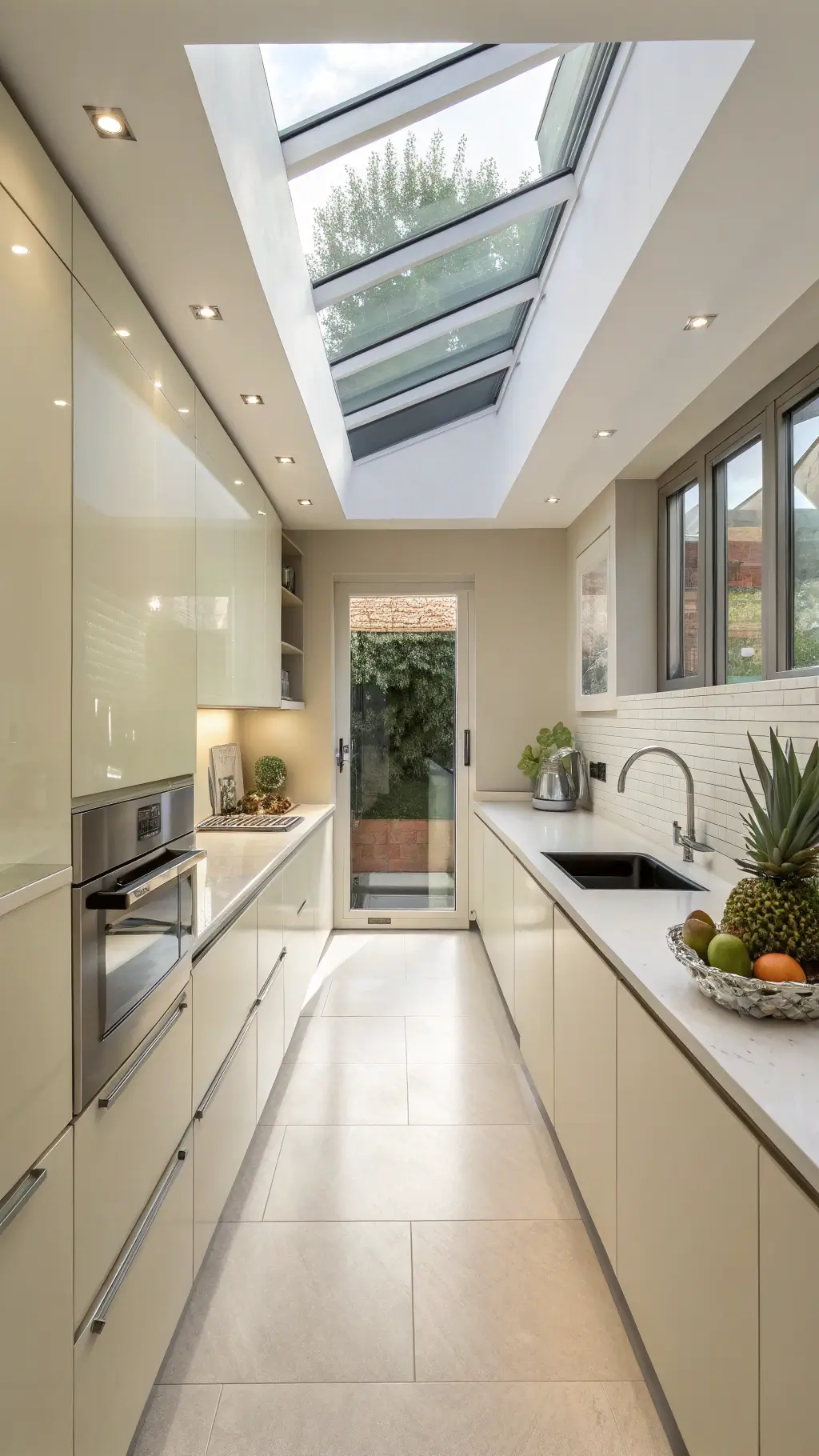Compact 8x10ft galley kitchen with glossy cream cabinets, white quartz surfaces, and skylight-lit minimalist decor featuring chrome, glass, and sculptural accents.
