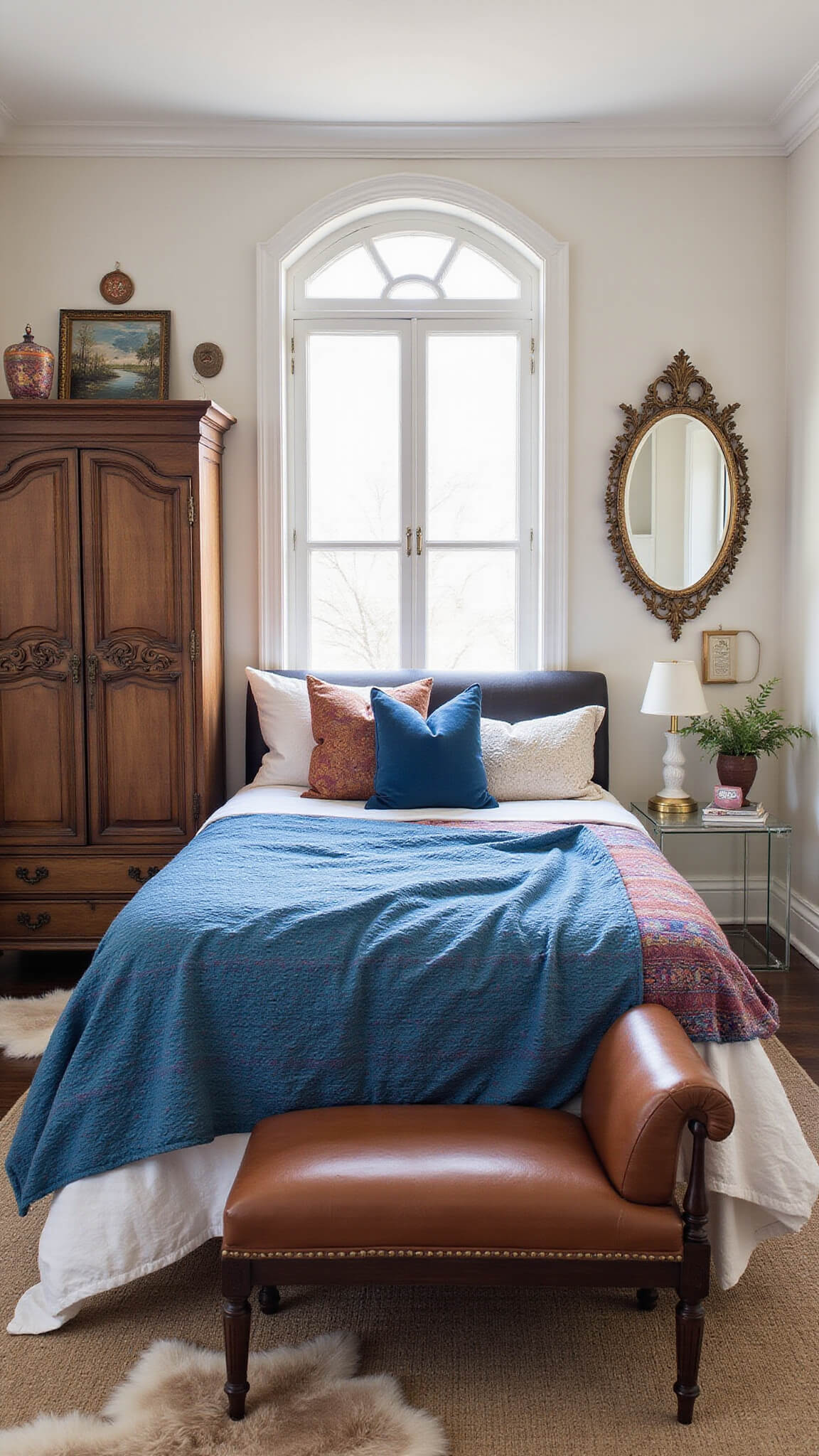 Boho-style room with morning light through arched windows, featuring eclectic furniture, vibrant textiles, brass accents, and layered rugs.