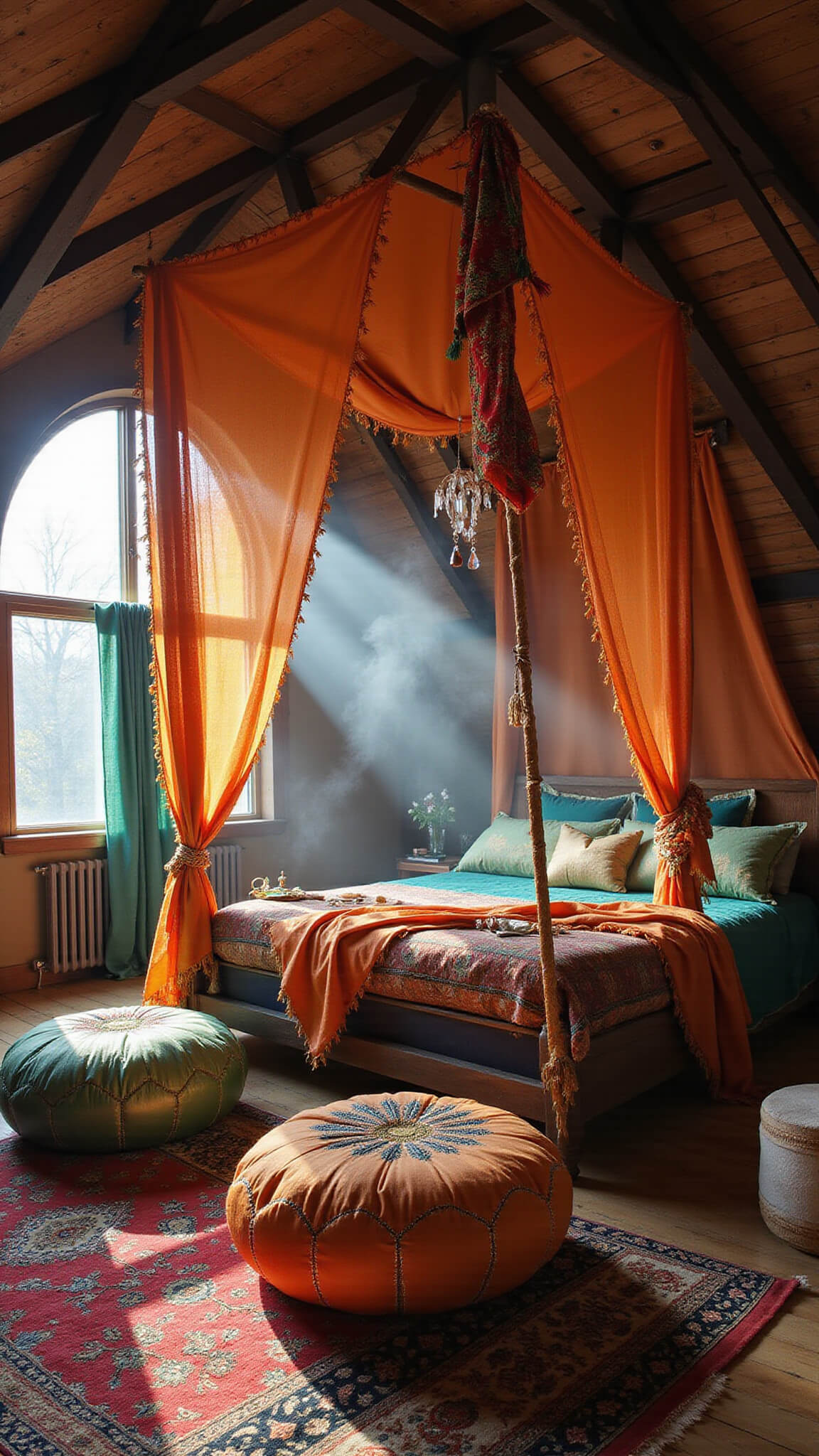 Attic bedroom with slanted ceilings, bed under flowing fabric canopy, jewel-toned bedding, Moroccan poufs, prayer flags, scarves on exposed beams, crystal prisms casting rainbows, and incense smoke in dreamy afternoon light.