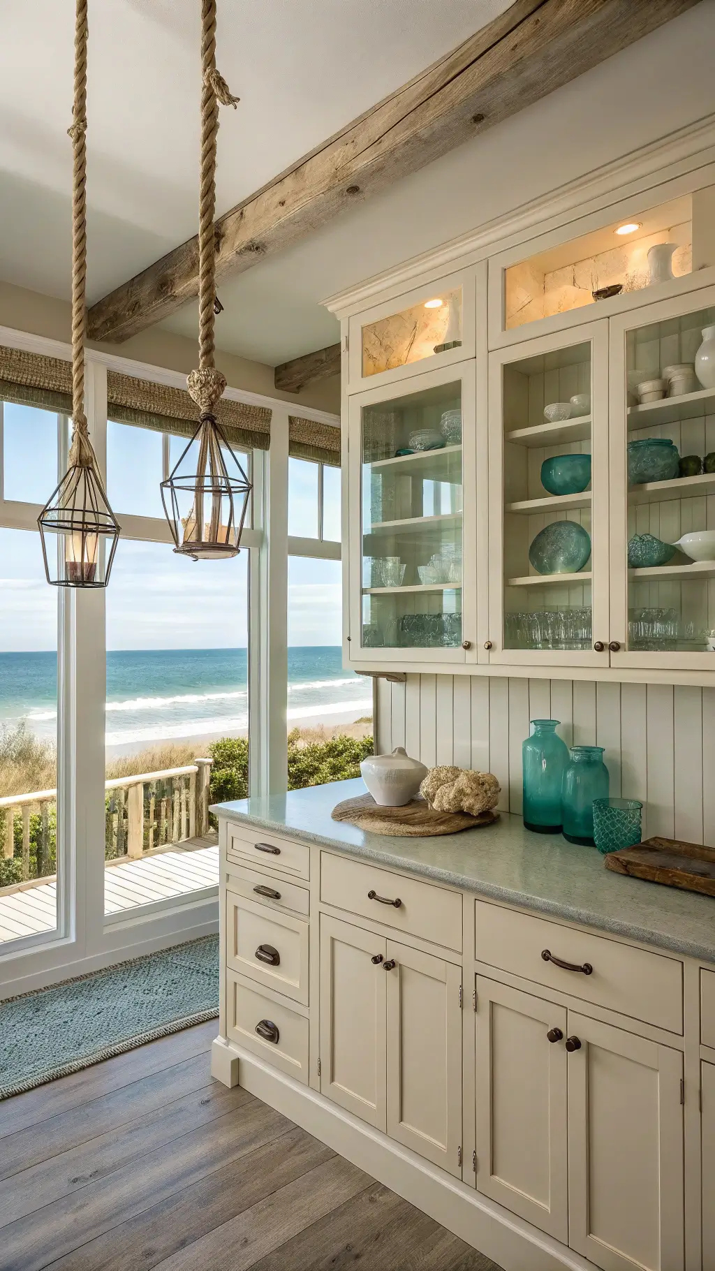 Coastal 11x13ft kitchen with cream flat-panel cabinets, sea-facing windows, glass-front uppers displaying blue-green glassware, rope pendant lights, and driftwood accents in morning light.