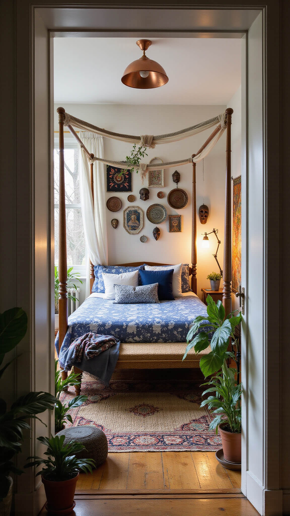 Cozy bedroom with four-poster bed draped in sheer curtains and indigo textiles, surrounded by lush potted plants, vintage decor, and soft morning light.