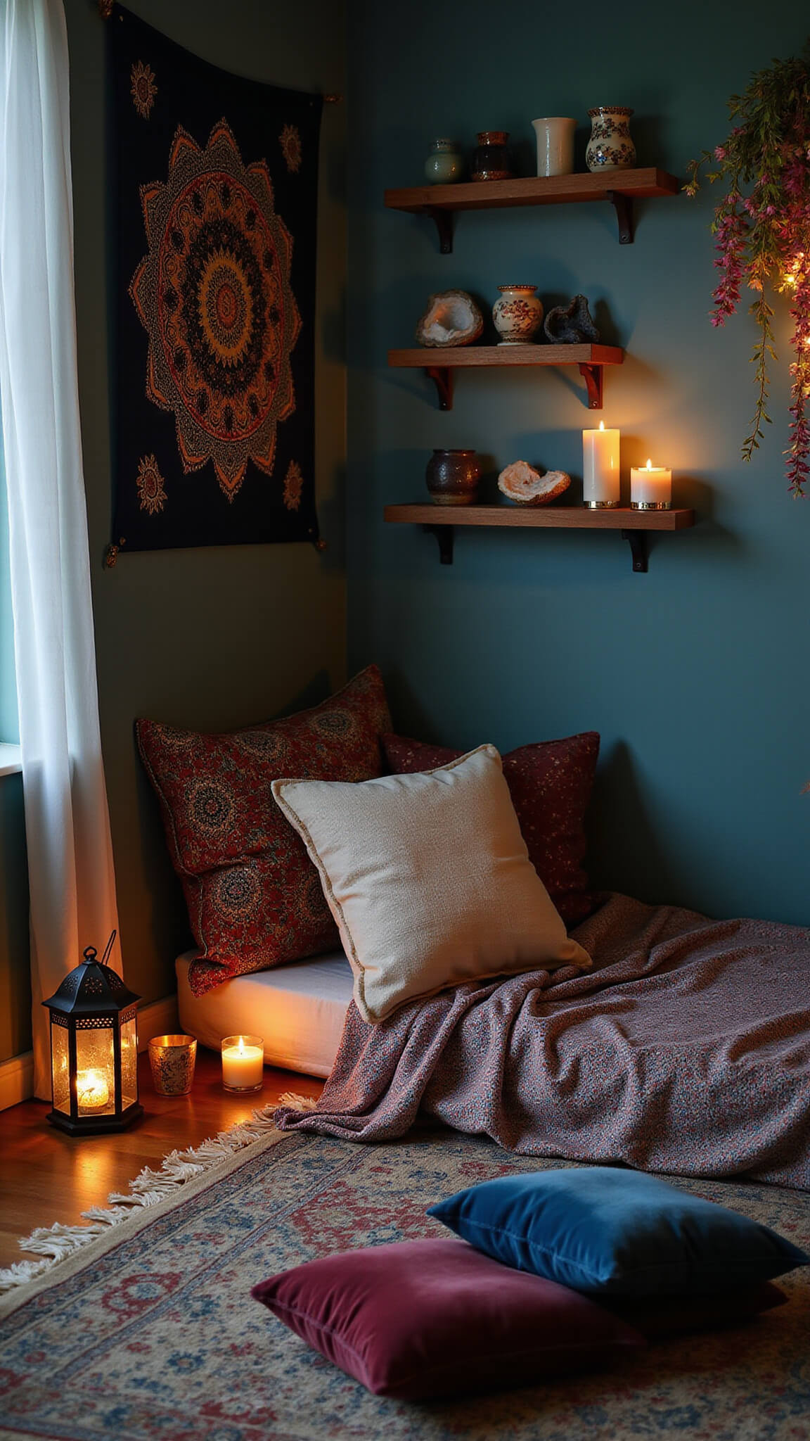 Cozy corner bedroom at twilight with floor bed, lanterns, mandala tapestry headboard, floating shelves of treasures, velvet cushions, and twinkling fairy lights.