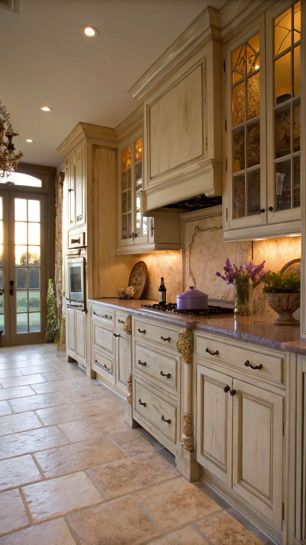 French country kitchen with distressed cream cabinets, limestone floors, vintage copper accents, and fresh lavender in morning golden hour light.