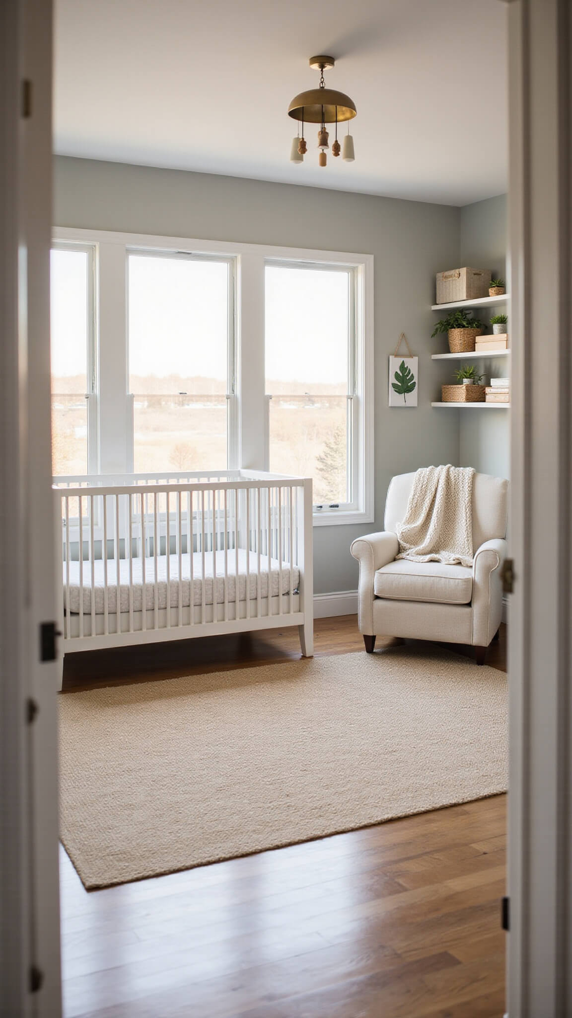 Modern nursery with white crib, ivory glider, and warm morning light through large windows, styled with neutral decor and botanical accents.